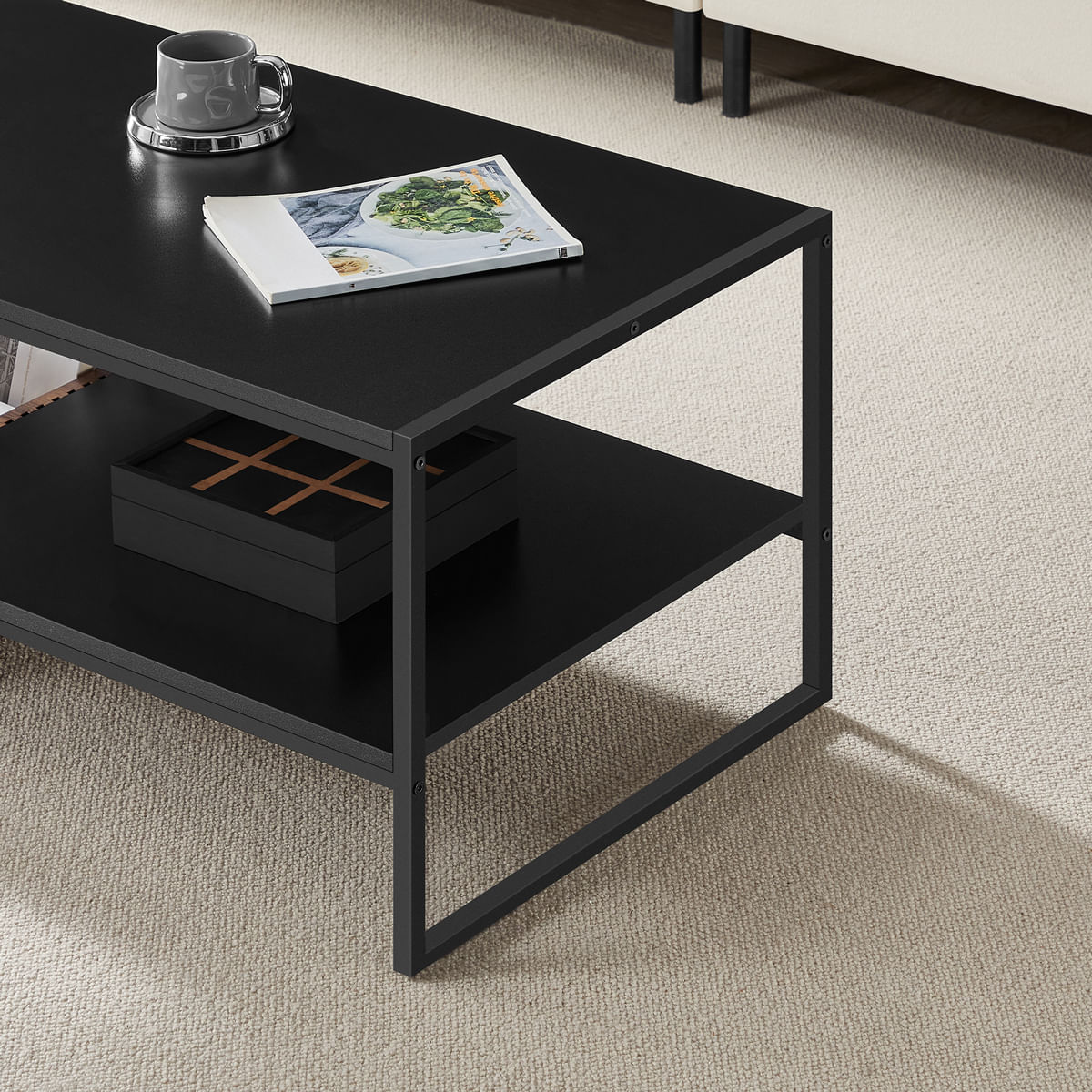 Masuta cafea cu sertar si raft inferior, structura otel, 100x55x45 cm, negru — imaginea 6