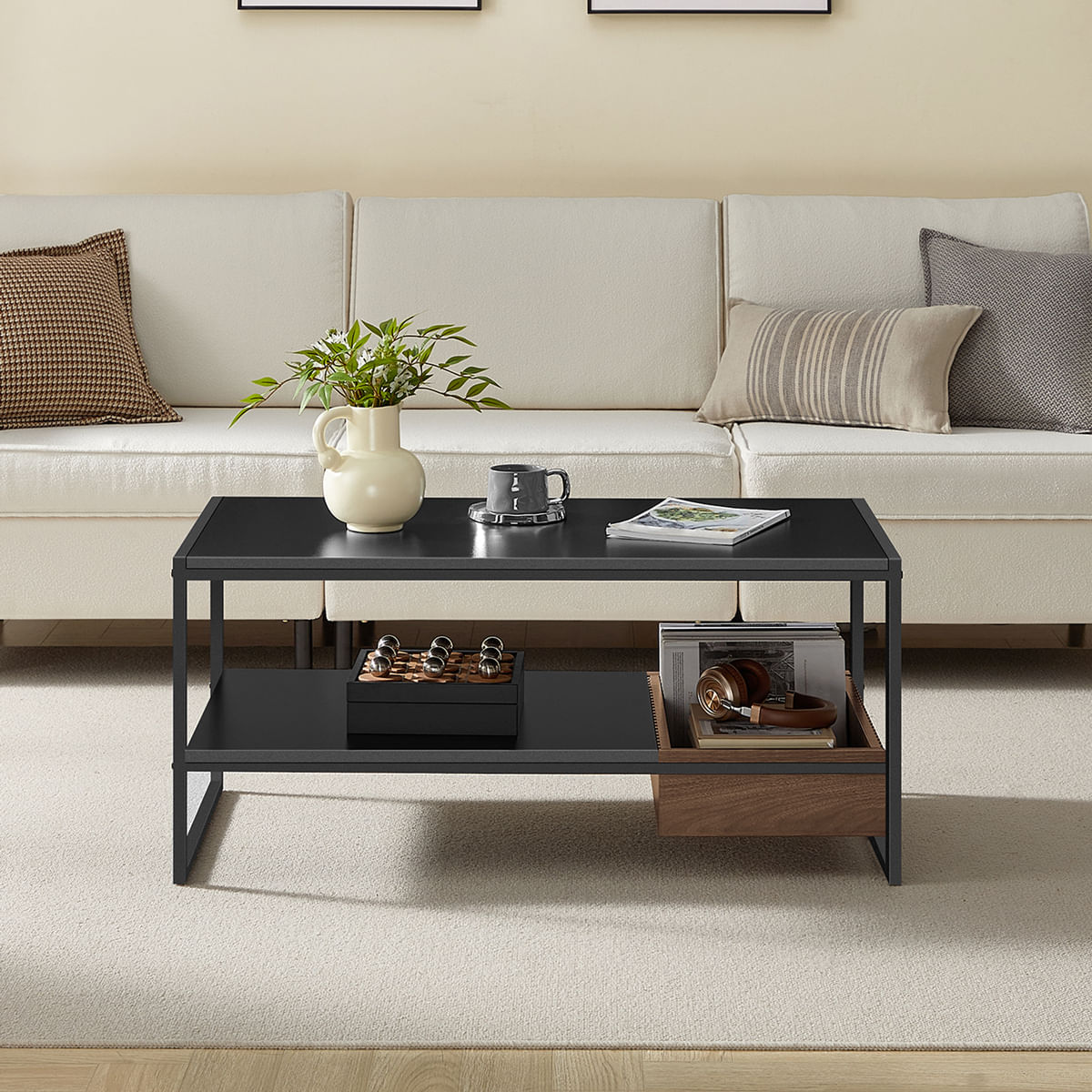 Masuta cafea cu sertar si raft inferior, structura otel, 100x55x45 cm, negru — imaginea 7
