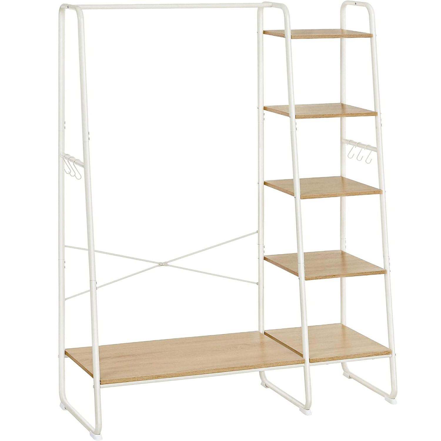 Raft pentru haine cu suport pentru pantofi, 5 polite, 6 carlige laterale, 45x120x160cm, alb — imaginea 3