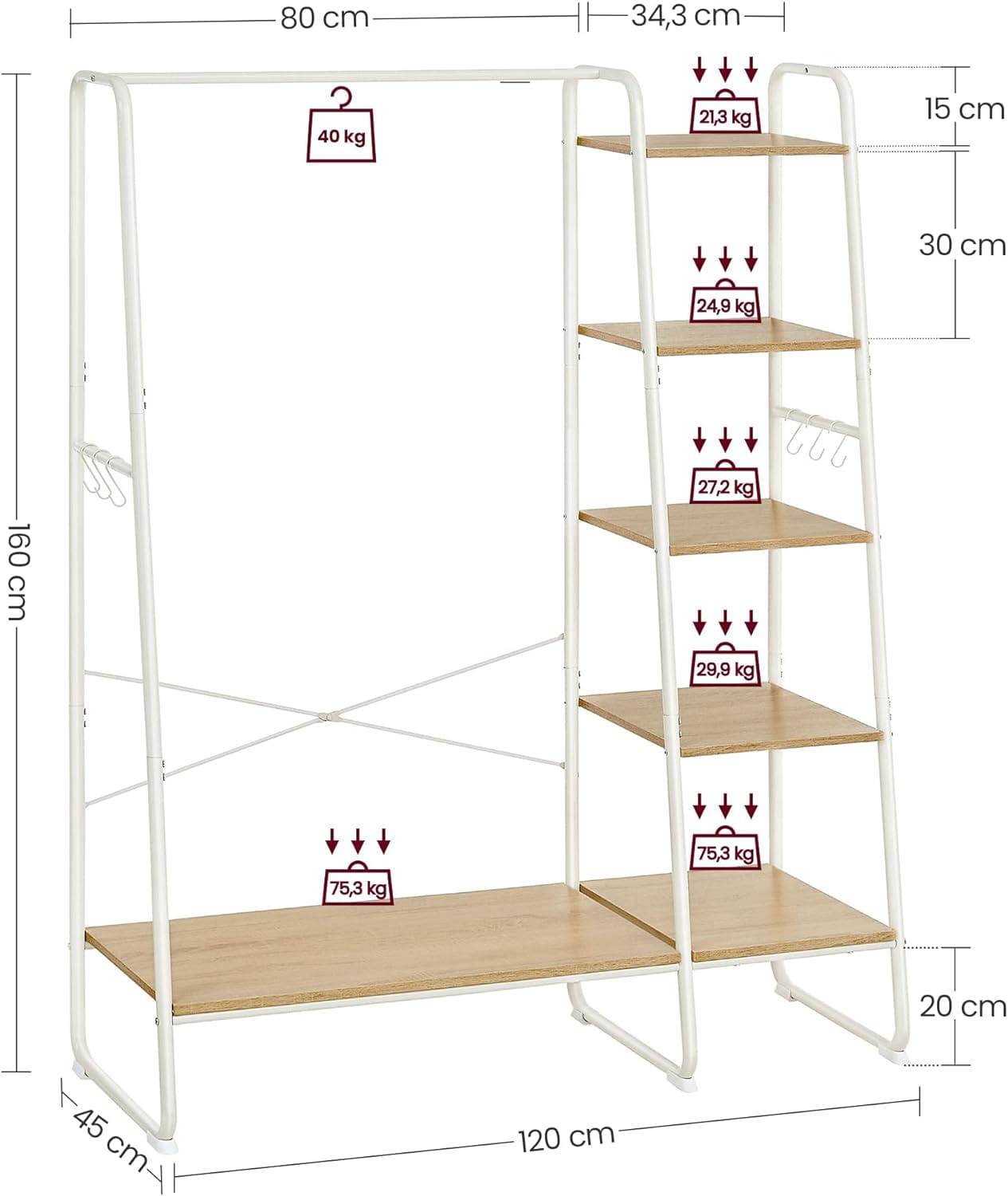 Raft pentru haine cu suport pentru pantofi, 5 polite, 6 carlige laterale, 45x120x160cm, alb — imaginea 4