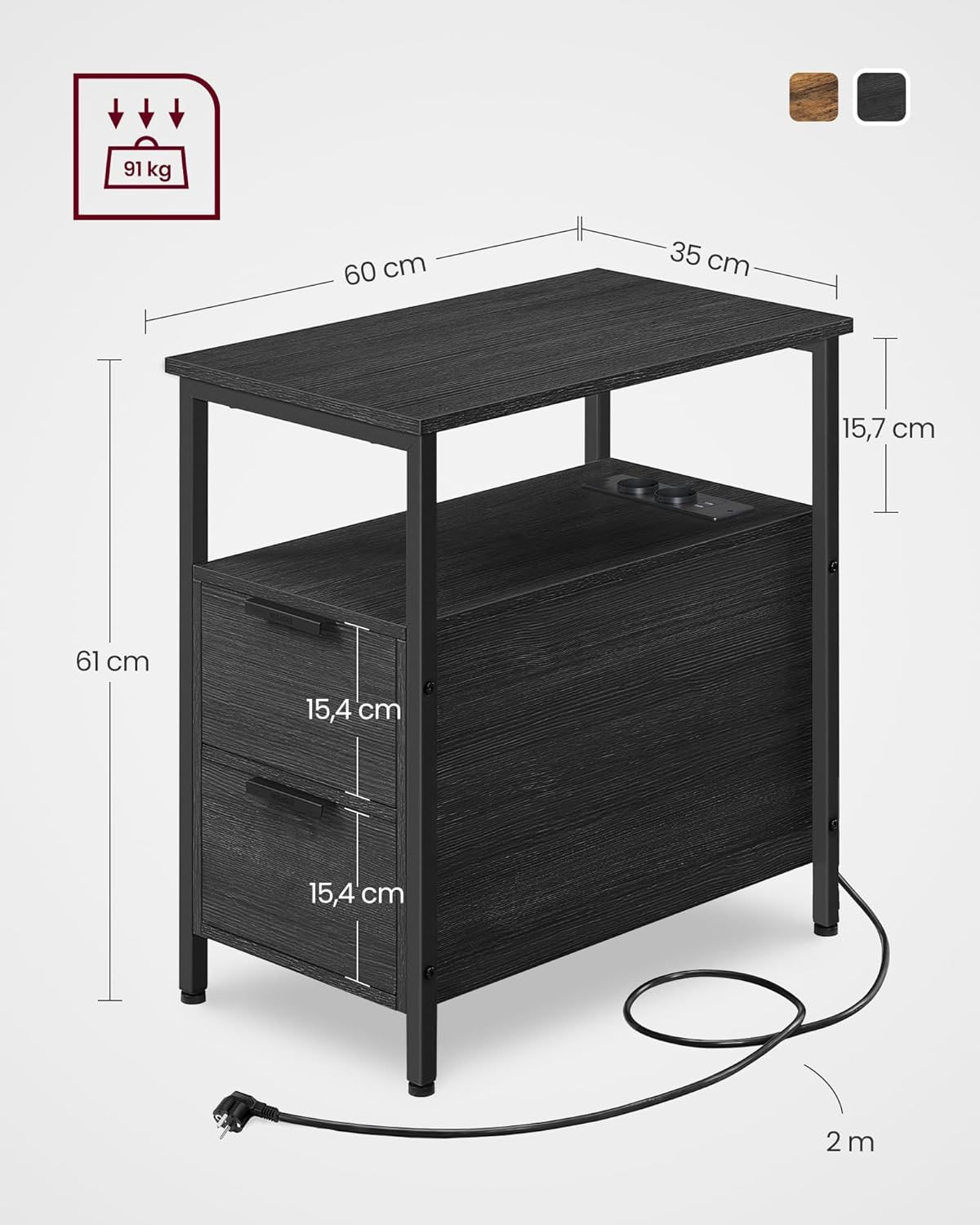 Noptiera 60x35x61 cm, cu 2 sertare, rafturi si priza incorporata, PAL si otel, gri antracit si negru — imaginea 2