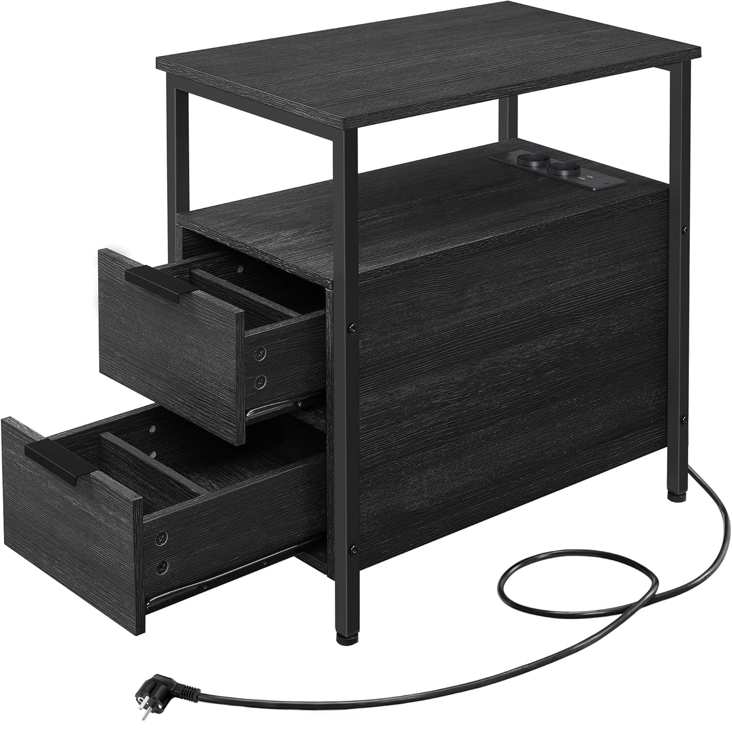 Noptiera 60x35x61 cm, cu 2 sertare, rafturi si priza incorporata, PAL si otel, gri antracit si negru — imaginea 4