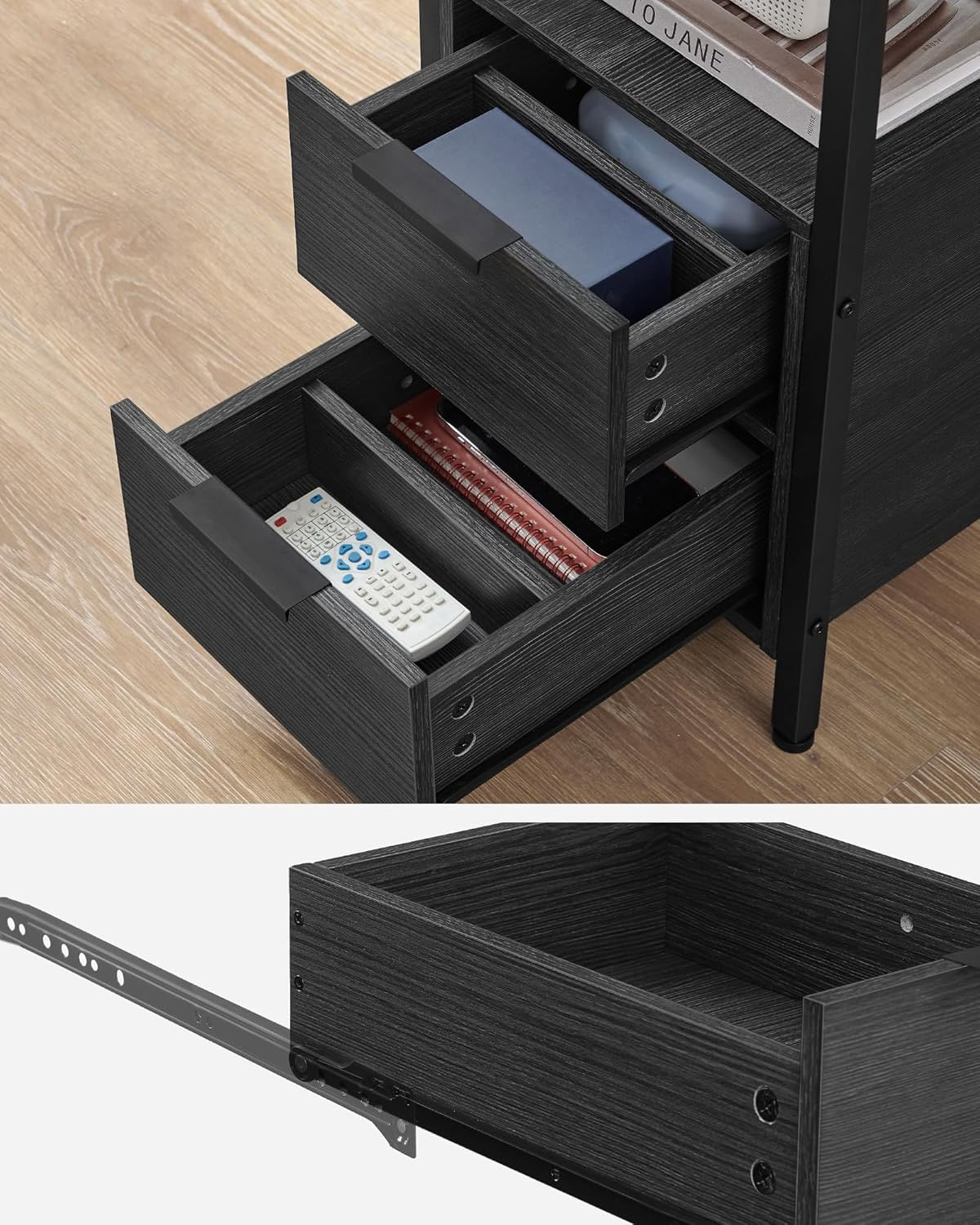 Noptiera 60x35x61 cm, cu 2 sertare, rafturi si priza incorporata, PAL si otel, gri antracit si negru — imaginea 5