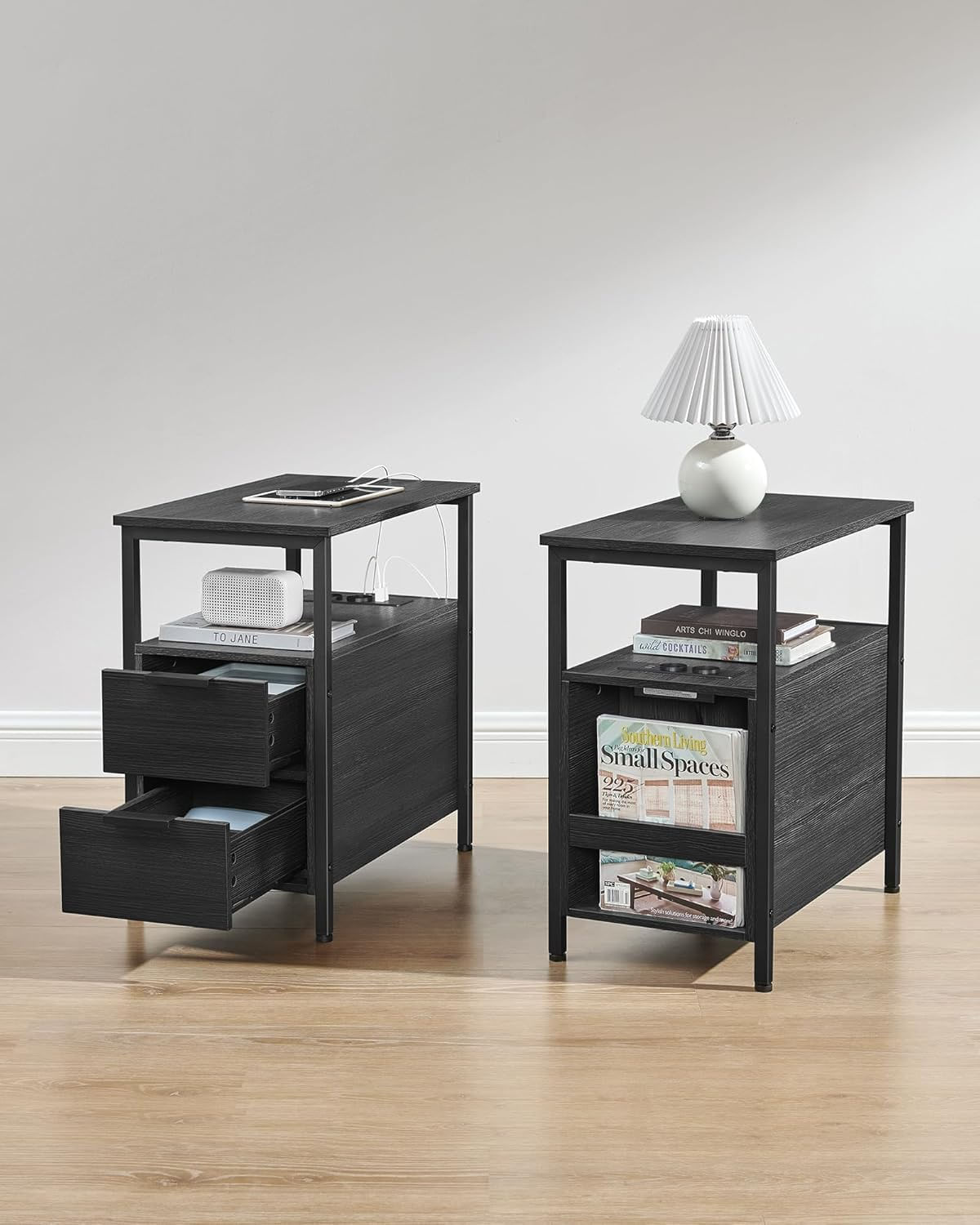 Noptiera 60x35x61 cm, cu 2 sertare, rafturi si priza incorporata, PAL si otel, gri antracit si negru — imaginea 6