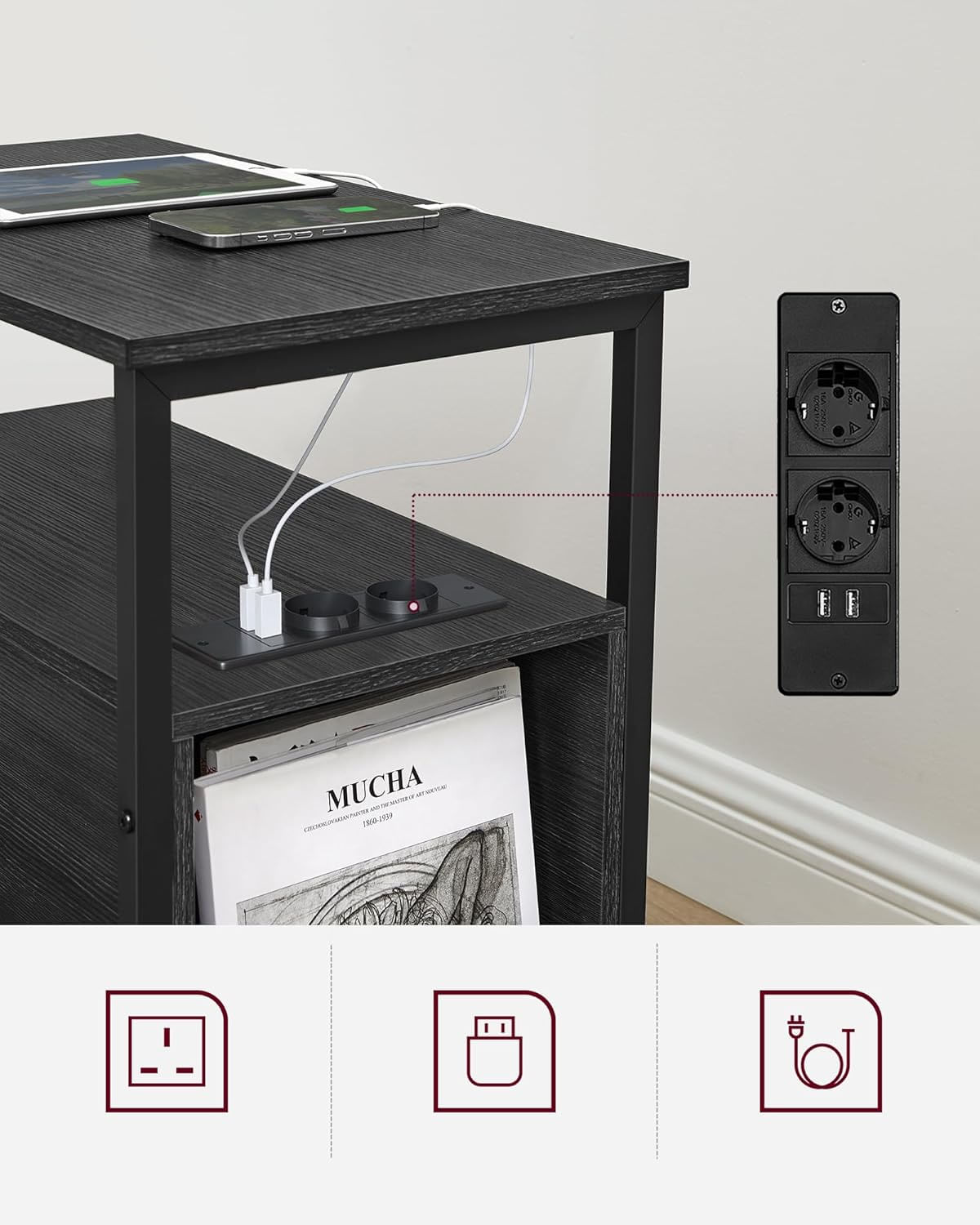 Noptiera 60x35x61 cm, cu 2 sertare, rafturi si priza incorporata, PAL si otel, gri antracit si negru — imaginea 7