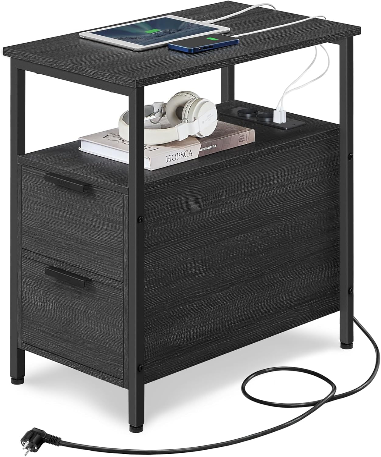 Noptiera 60x35x61 cm, cu 2 sertare, rafturi si priza incorporata, PAL si otel, gri antracit si negru — imaginea 8