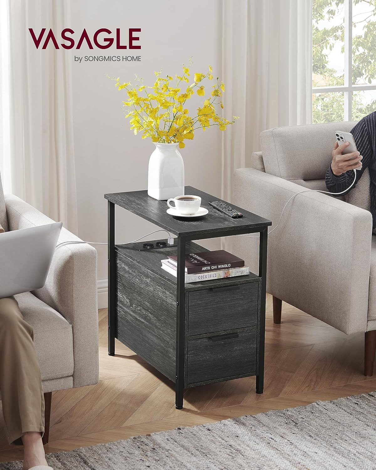 Noptiera 60x35x61 cm, cu 2 sertare, rafturi si priza incorporata, PAL si otel, gri antracit si negru — imaginea 9