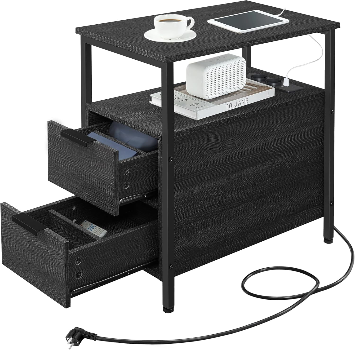 Noptiera 60x35x61 cm, cu 2 sertare, rafturi si priza incorporata, PAL si otel, gri antracit si negru — imaginea 10