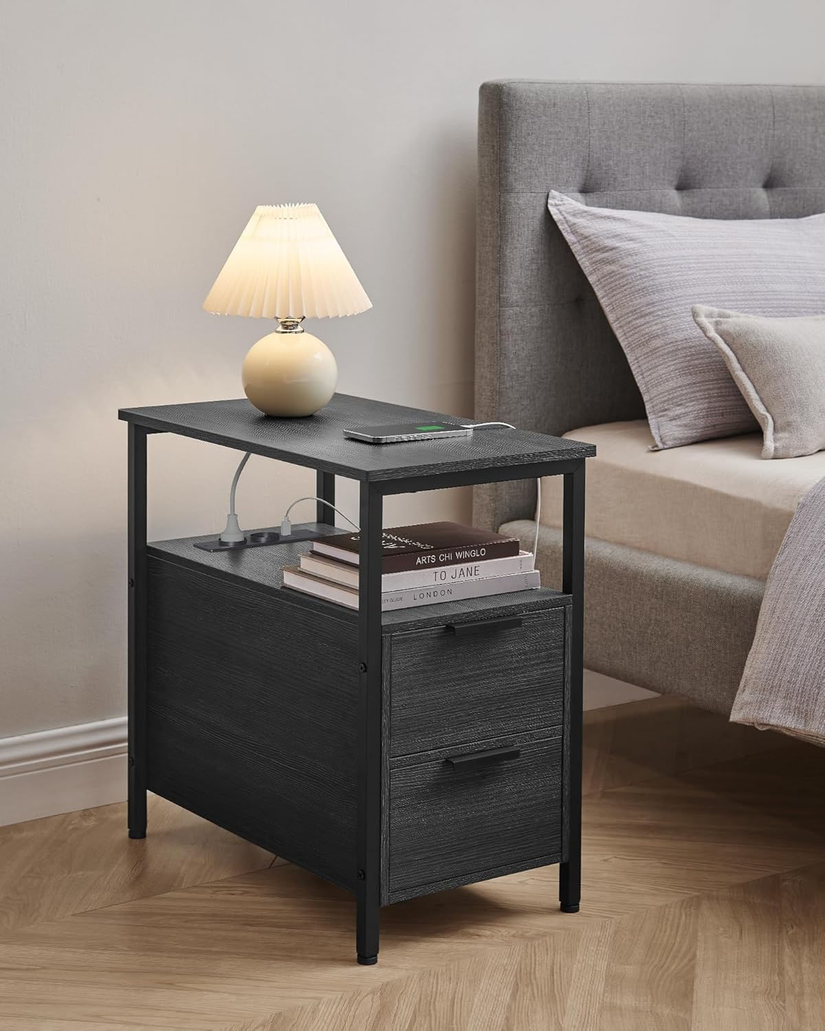 Noptiera 60x35x61 cm, cu 2 sertare, rafturi si priza incorporata, PAL si otel, gri antracit si negru — imaginea 11