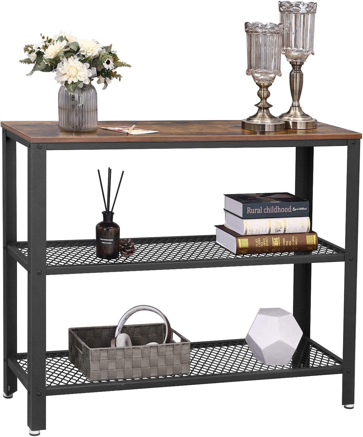 Masa de intrare, cadru metalic cu 3 polite din MDF, 35x102x80cm, maro rustic si negru — imaginea 2