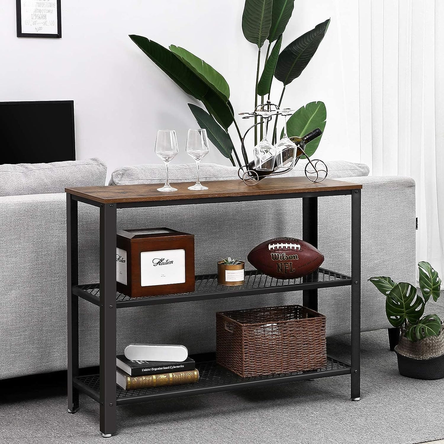 Masa de intrare, cadru metalic cu 3 polite din MDF, 35x102x80cm, maro rustic si negru — imaginea 3