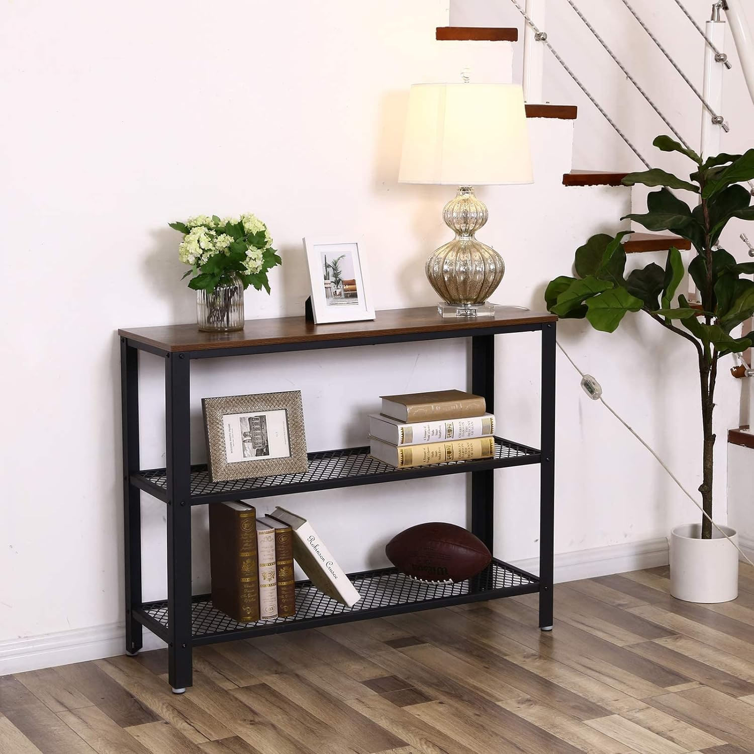 Masa de intrare, cadru metalic cu 3 polite din MDF, 35x102x80cm, maro rustic si negru — imaginea 4