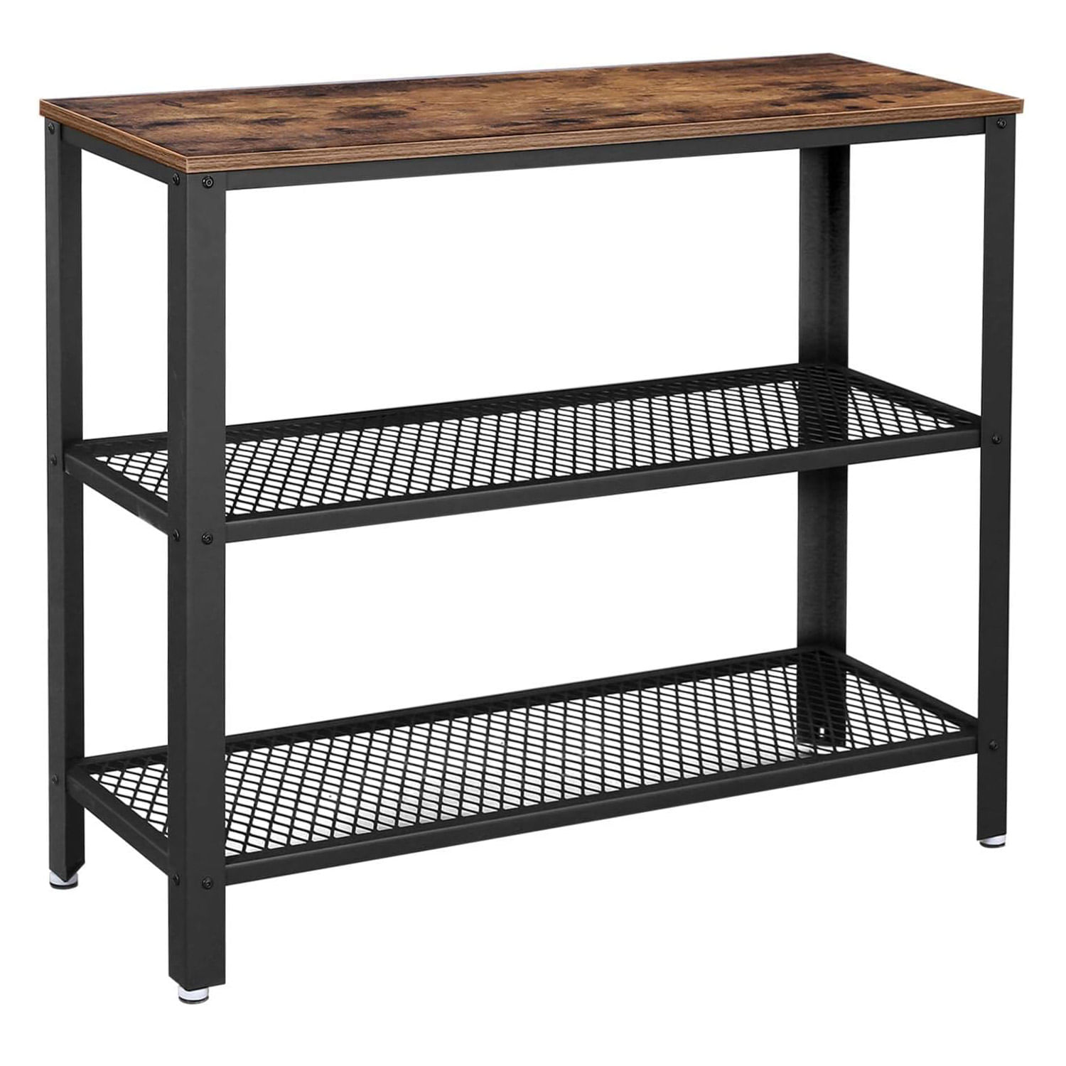 Masa de intrare, cadru metalic cu 3 polite din MDF, 35x102x80cm, maro rustic si negru — imaginea 5