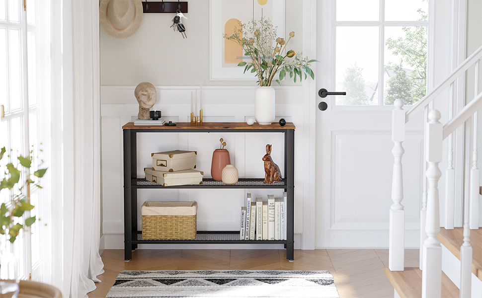 Masa de intrare, cadru metalic cu 3 polite din MDF, 35x102x80cm, maro rustic si negru — imaginea 6