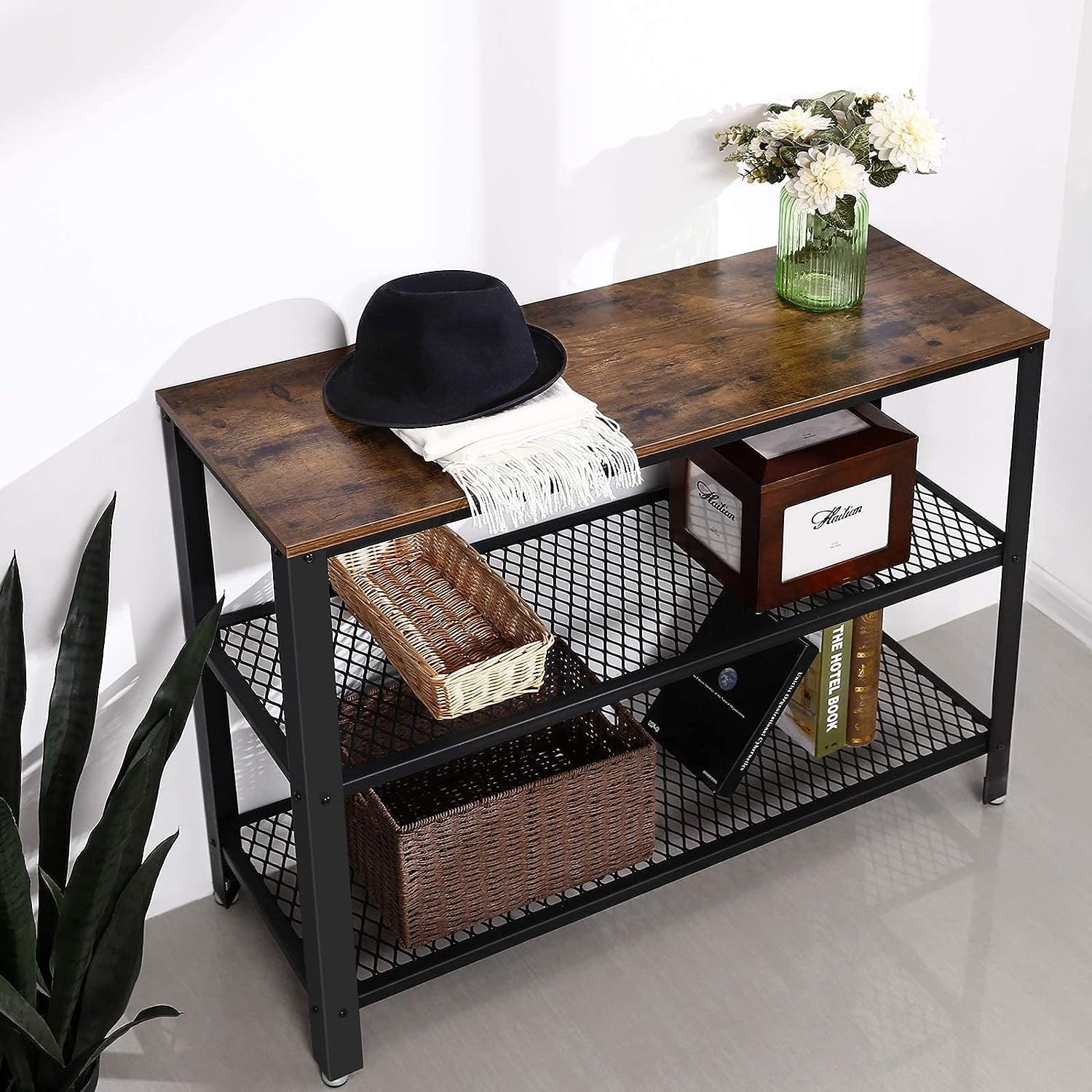 Masa de intrare, cadru metalic cu 3 polite din MDF, 35x102x80cm, maro rustic si negru — imaginea 7