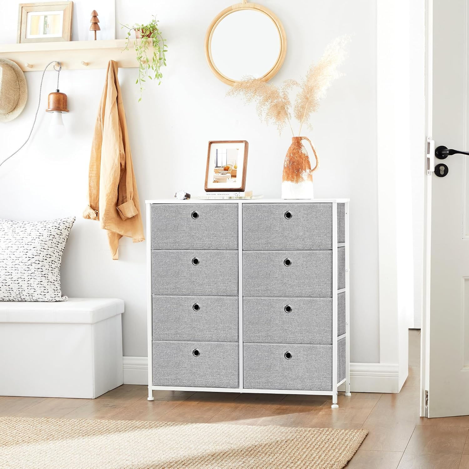 Comoda cu 8 sertare din material textil, cadru metalic si blat MDF, 80x30x81 cm, gri si alb — imaginea 2