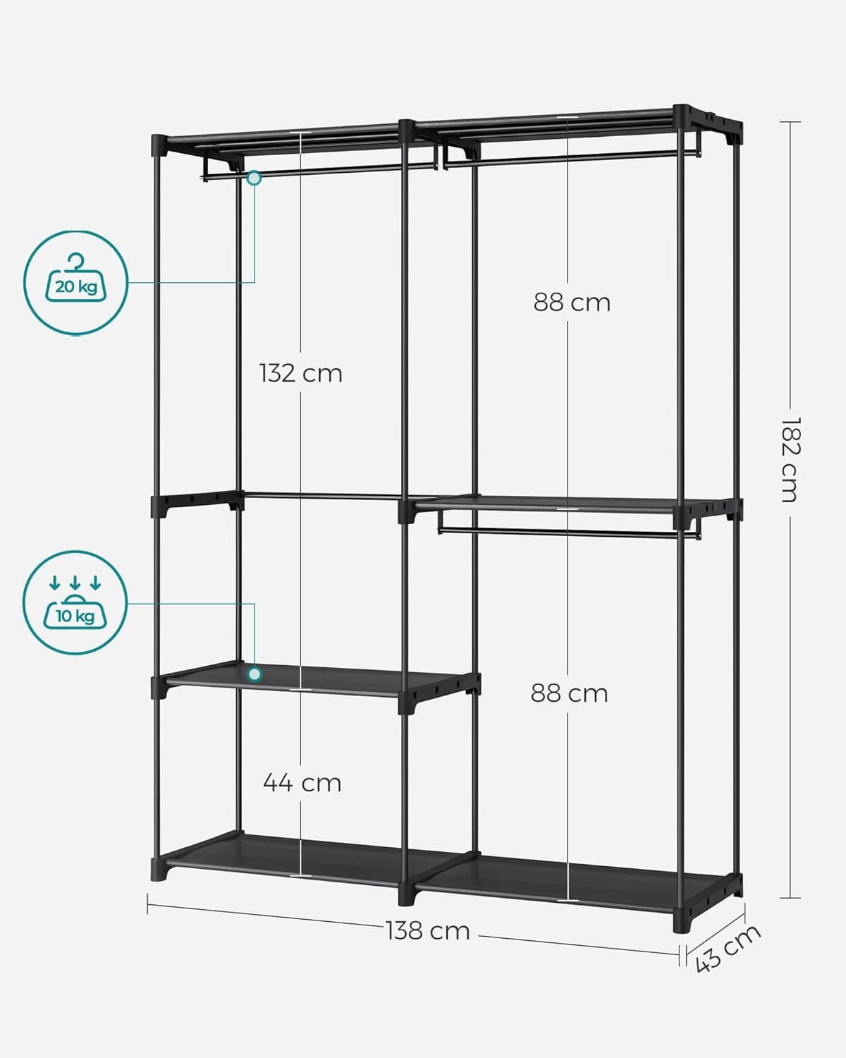 Dulap de haine portabil, cu 3 bare de agatat si rafturi, 138x43x182 cm, negru — imaginea 2