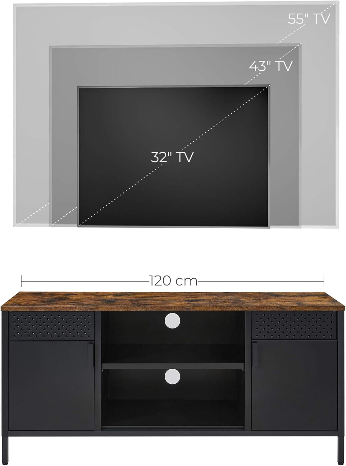 Comoda TV 120x40x55 cm, 3 rafturi reglabile, 2 usi, stil vintage, PAL si otel, maro-negru mat — imaginea 2