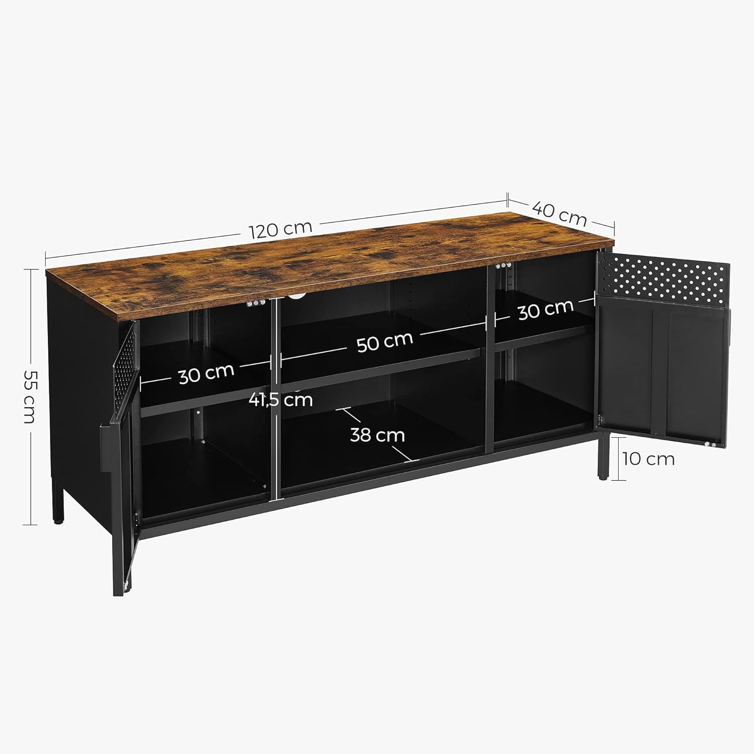 Comoda TV 120x40x55 cm, 3 rafturi reglabile, 2 usi, stil vintage, PAL si otel, maro-negru mat — imaginea 3