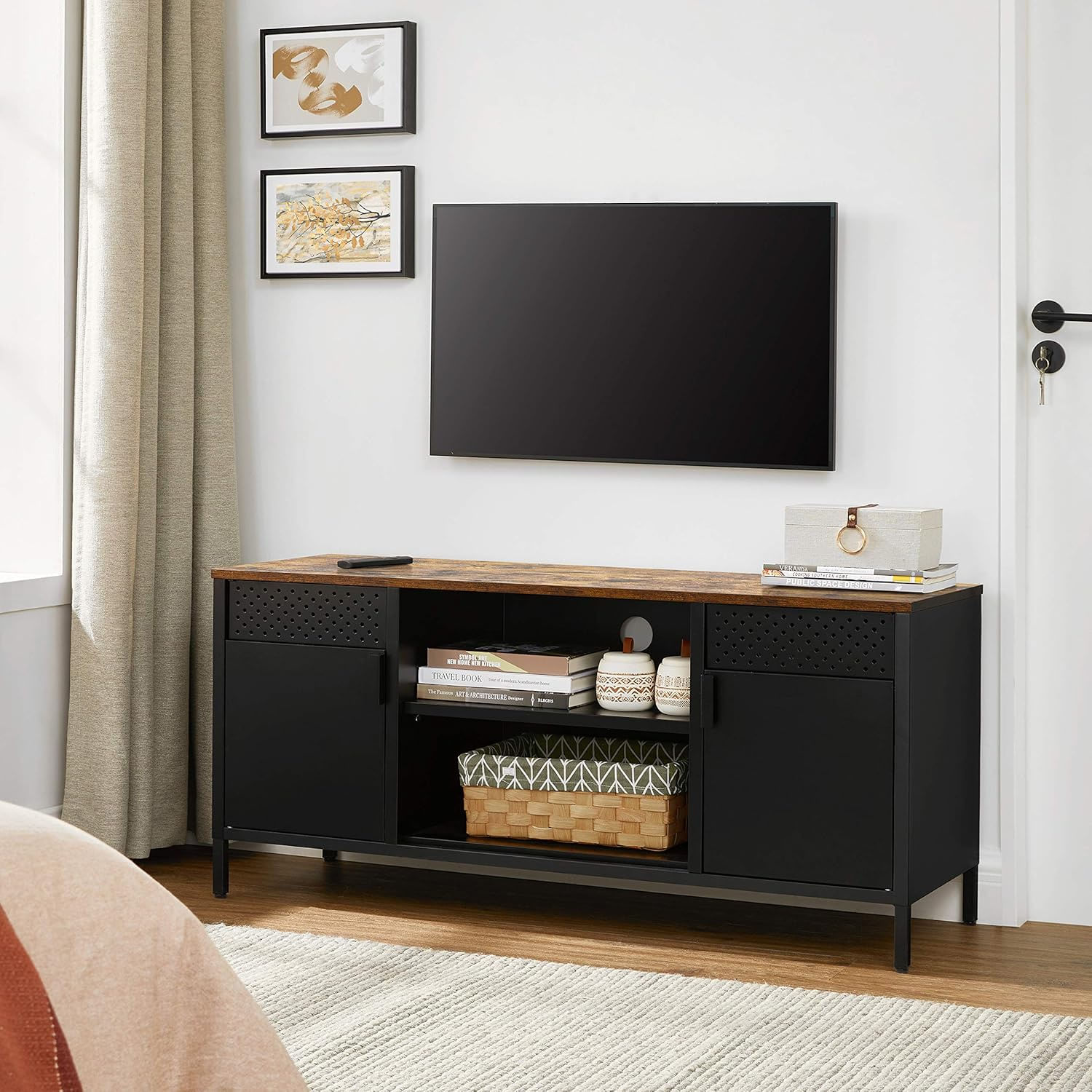 Comoda TV 120x40x55 cm, 3 rafturi reglabile, 2 usi, stil vintage, PAL si otel, maro-negru mat — imaginea 5