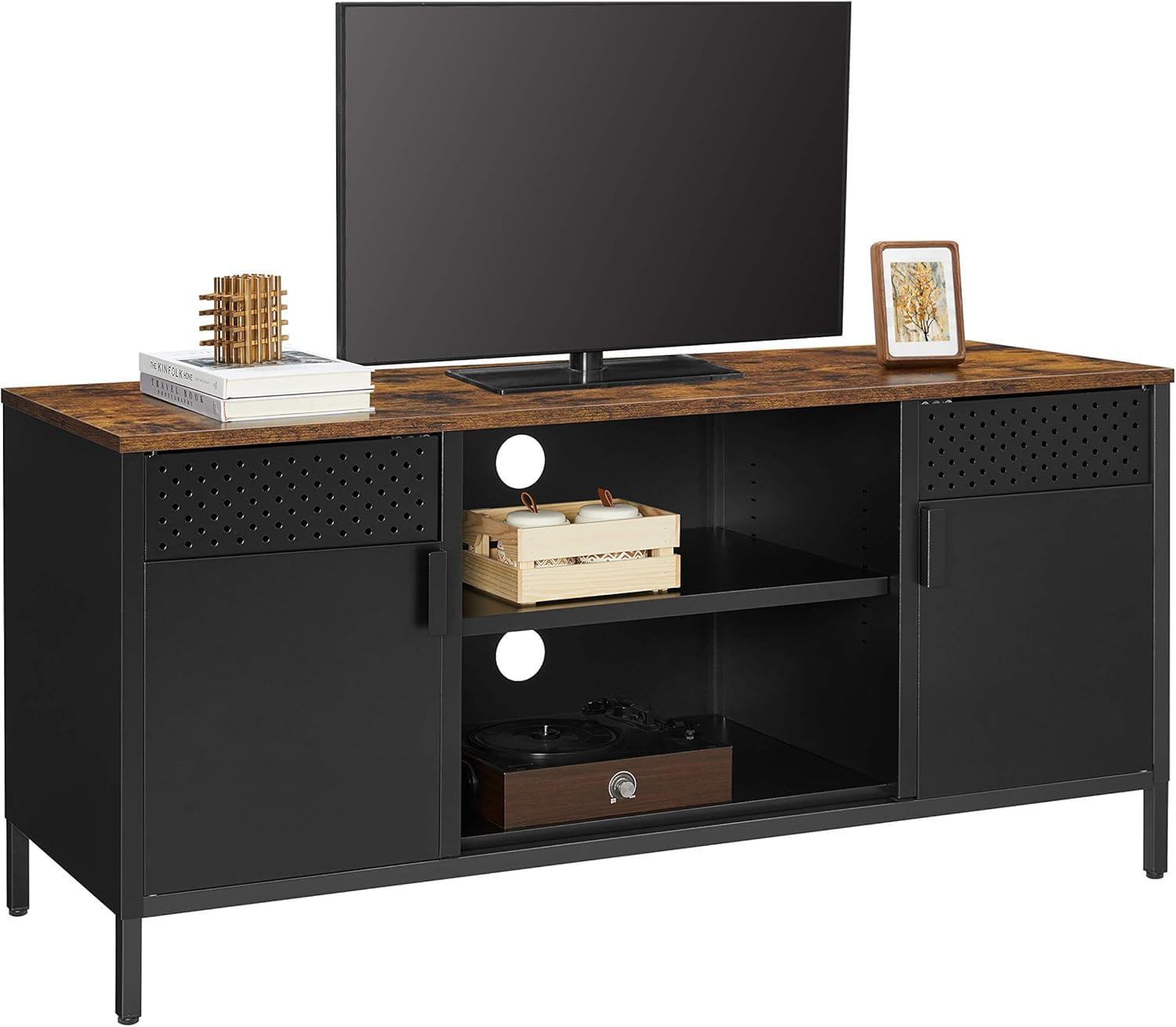 Comoda TV 120x40x55 cm, 3 rafturi reglabile, 2 usi, stil vintage, PAL si otel, maro-negru mat — imaginea 6