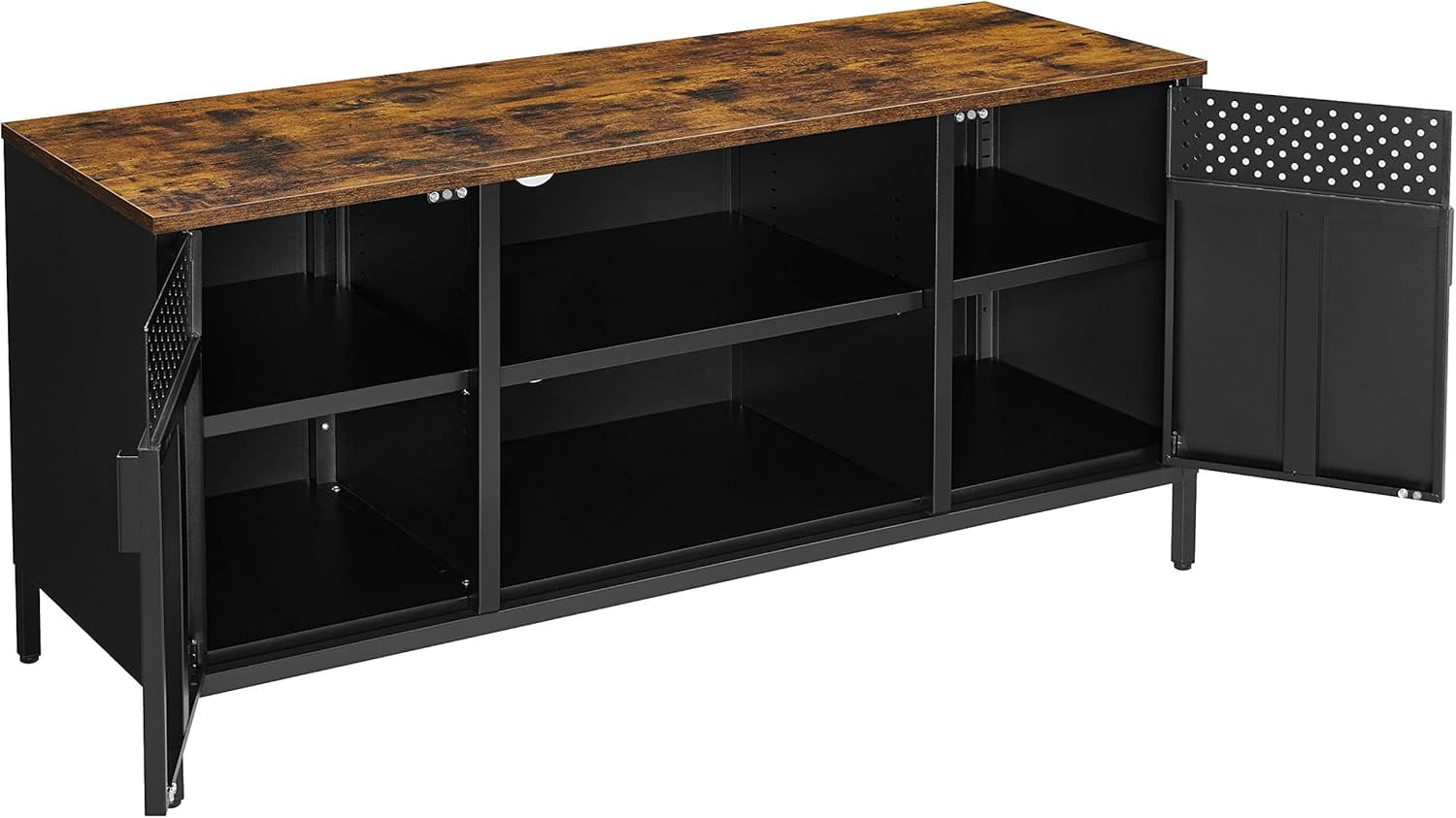 Comoda TV 120x40x55 cm, 3 rafturi reglabile, 2 usi, stil vintage, PAL si otel, maro-negru mat — imaginea 9