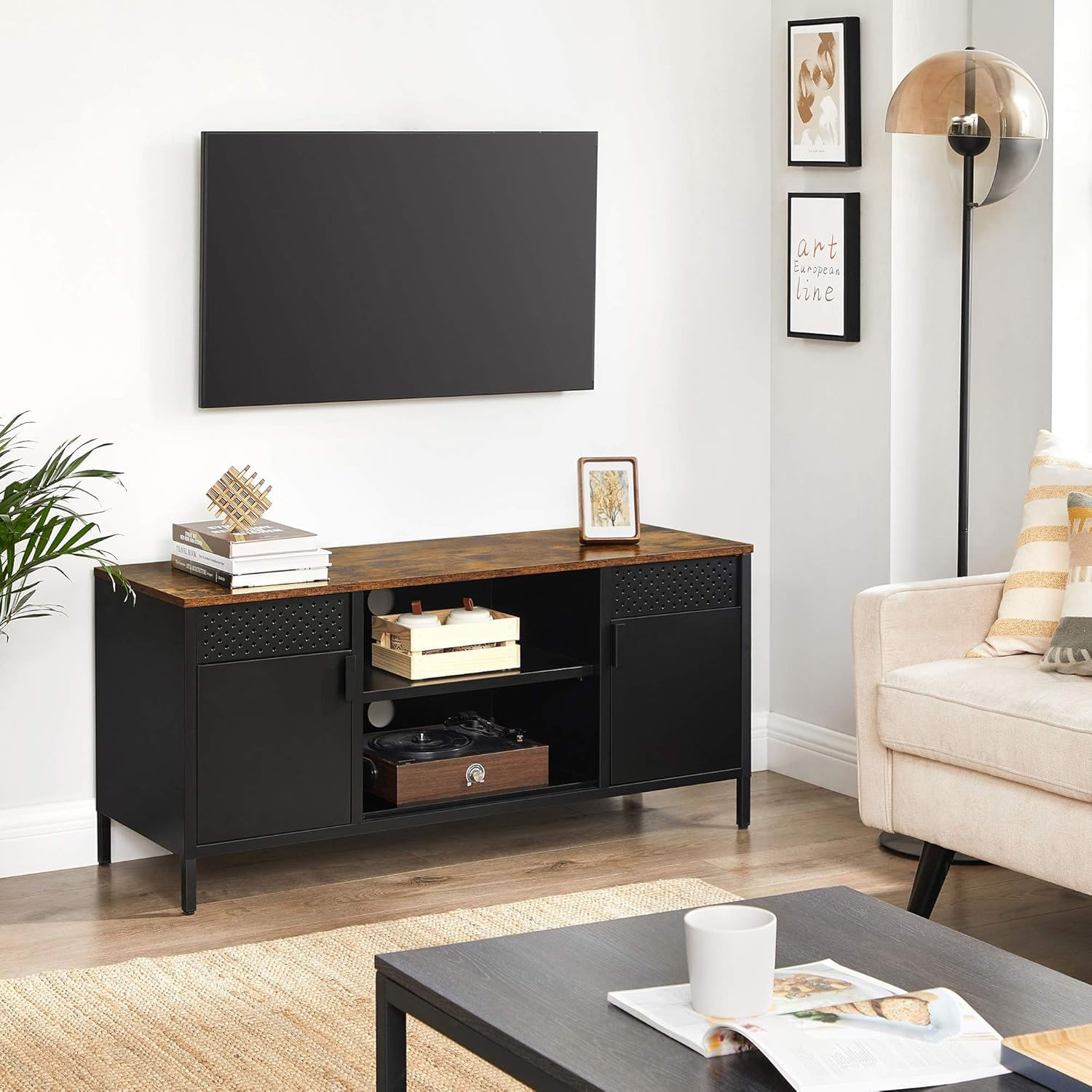 Comoda TV 120x40x55 cm, 3 rafturi reglabile, 2 usi, stil vintage, PAL si otel, maro-negru mat — imaginea 10