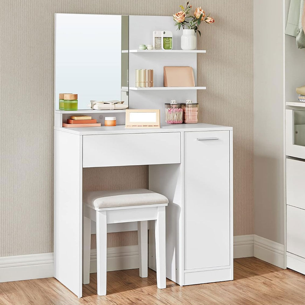 Masuta de toaleta cu oglinda, dulap si sertar pentru cosmetice, 80x40x132cm, alb — imaginea 2