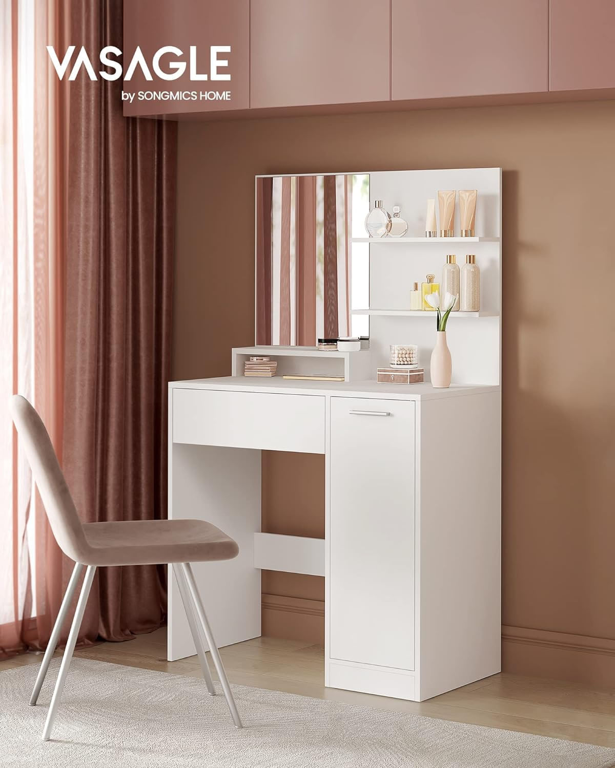 Masuta de toaleta cu oglinda, dulap si sertar pentru cosmetice, 80x40x132cm, alb — imaginea 3