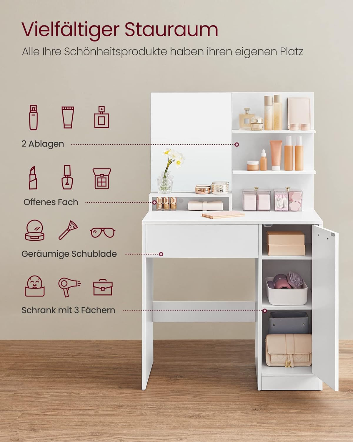 Masuta de toaleta cu oglinda, dulap si sertar pentru cosmetice, 80x40x132cm, alb — imaginea 4