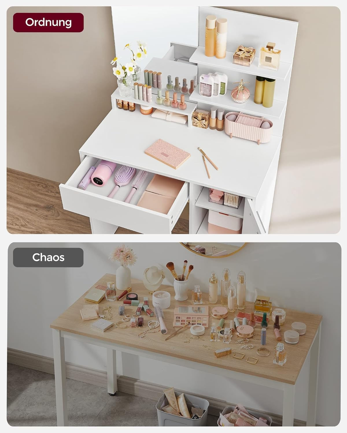 Masuta de toaleta cu oglinda, dulap si sertar pentru cosmetice, 80x40x132cm, alb — imaginea 5