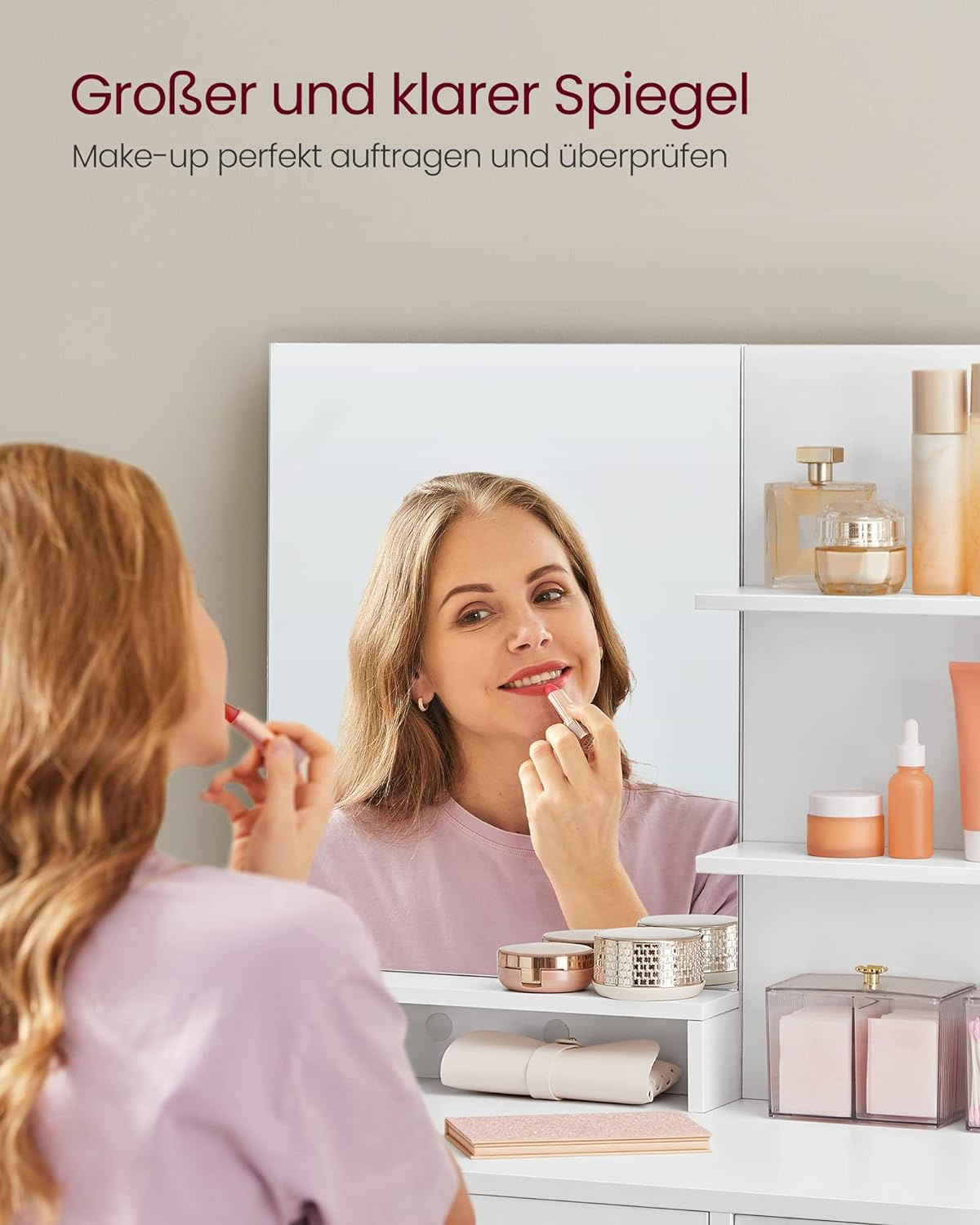 Masuta de toaleta cu oglinda, dulap si sertar pentru cosmetice, 80x40x132cm, alb — imaginea 6