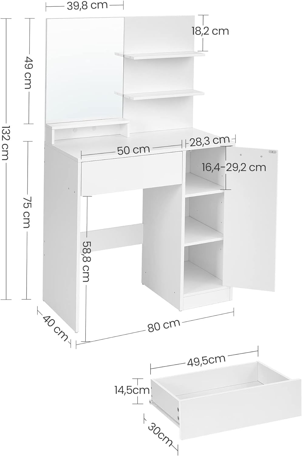 Masuta de toaleta cu oglinda, dulap si sertar pentru cosmetice, 80x40x132cm, alb — imaginea 7