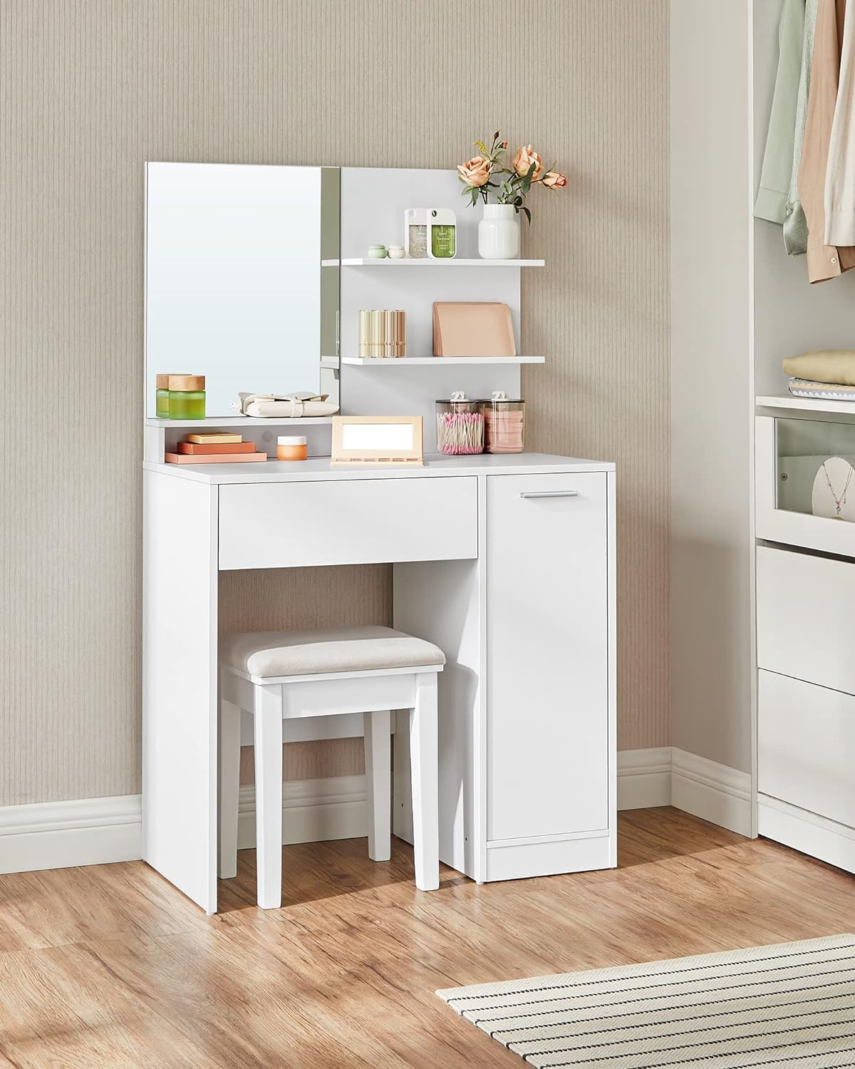 Masuta de toaleta cu oglinda, dulap si sertar pentru cosmetice, 80x40x132cm, alb — imaginea 9