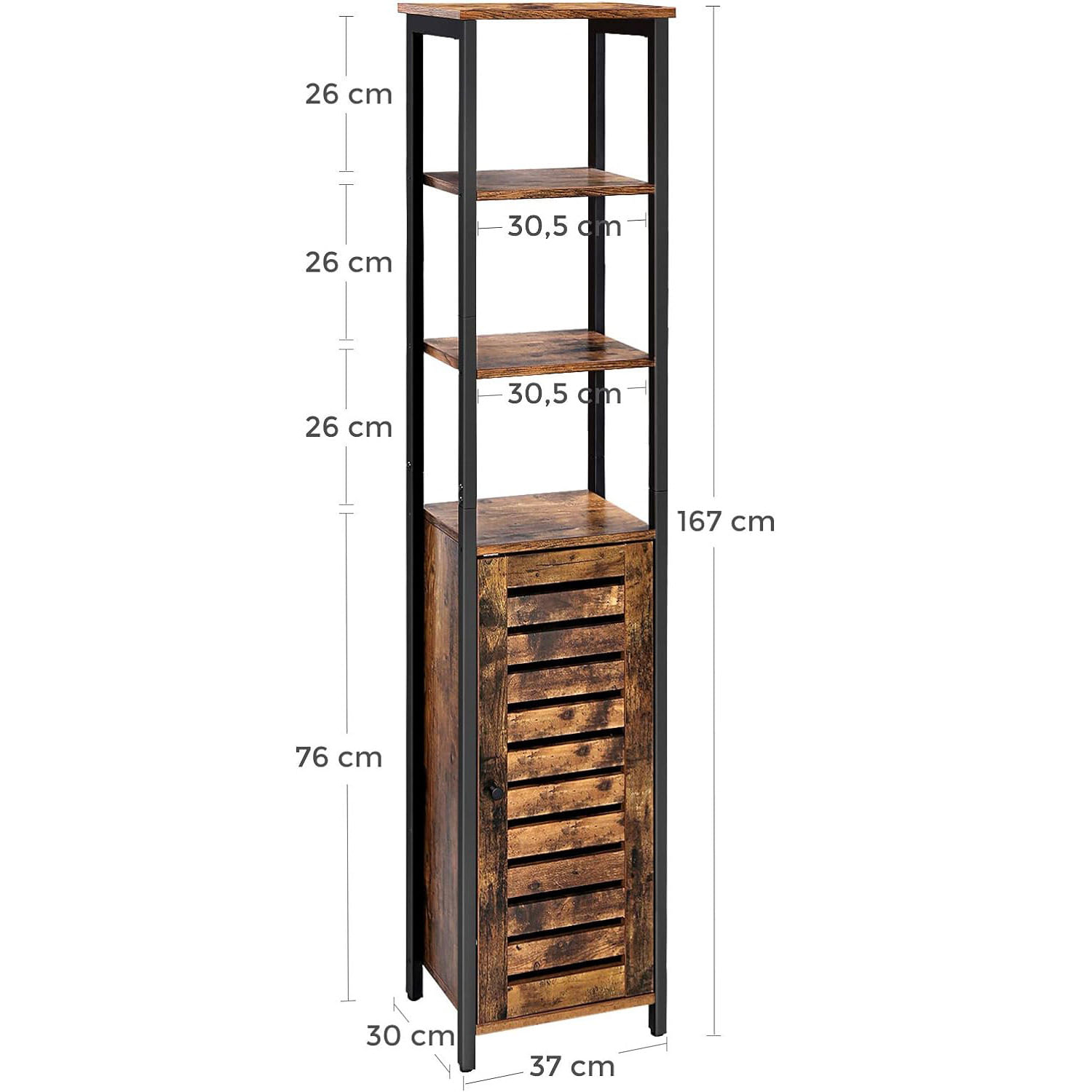 Dulap de depozitare in stil turn, 5 rafturi, compartiment cu usa, 37x30x167cm, maro rustic — imaginea 4