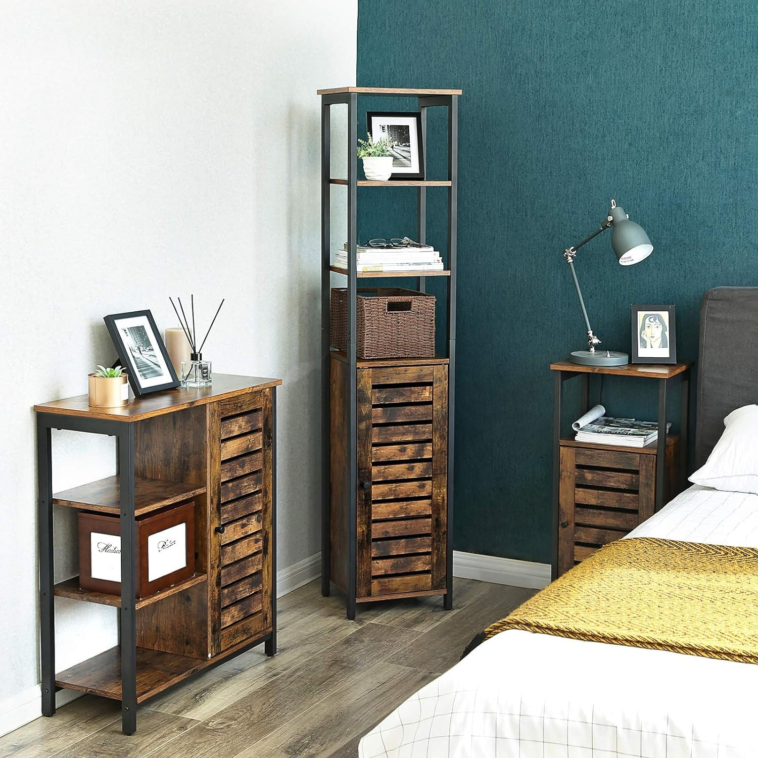 Dulap de depozitare in stil turn, 5 rafturi, compartiment cu usa, 37x30x167cm, maro rustic — imaginea 5