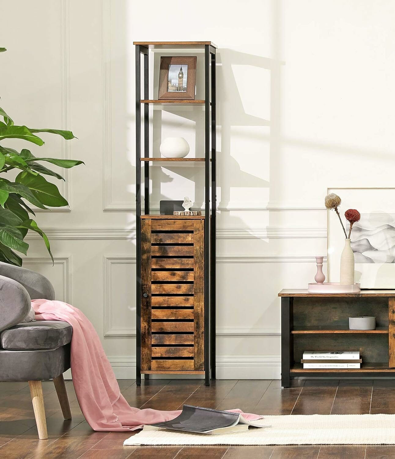 Dulap de depozitare in stil turn, 5 rafturi, compartiment cu usa, 37x30x167cm, maro rustic — imaginea 6