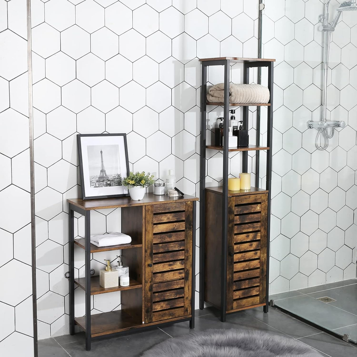 Dulap de depozitare in stil turn, 5 rafturi, compartiment cu usa, 37x30x167cm, maro rustic — imaginea 7