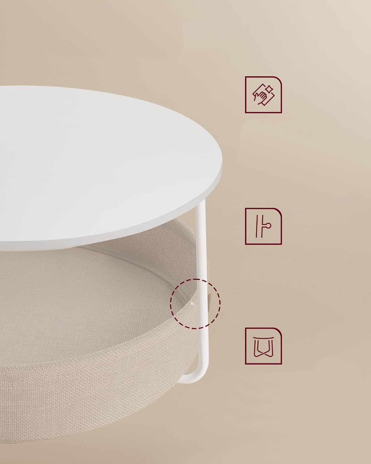 Masuta de cafea rotunda cu cos de stofa, stil modern, 45x75cm, alb cu bej — imaginea 2