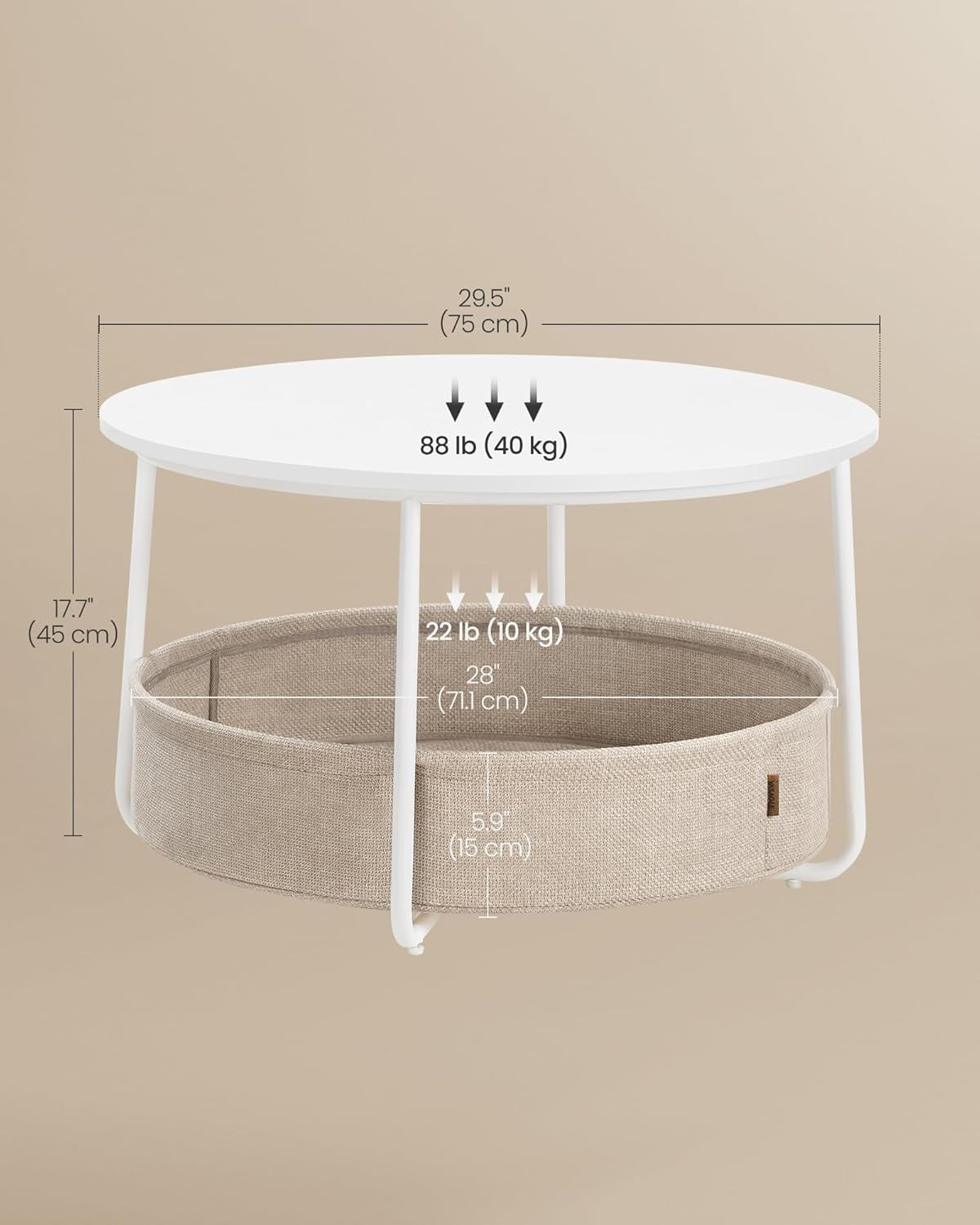 Masuta de cafea rotunda cu cos de stofa, stil modern, 45x75cm, alb cu bej — imaginea 3