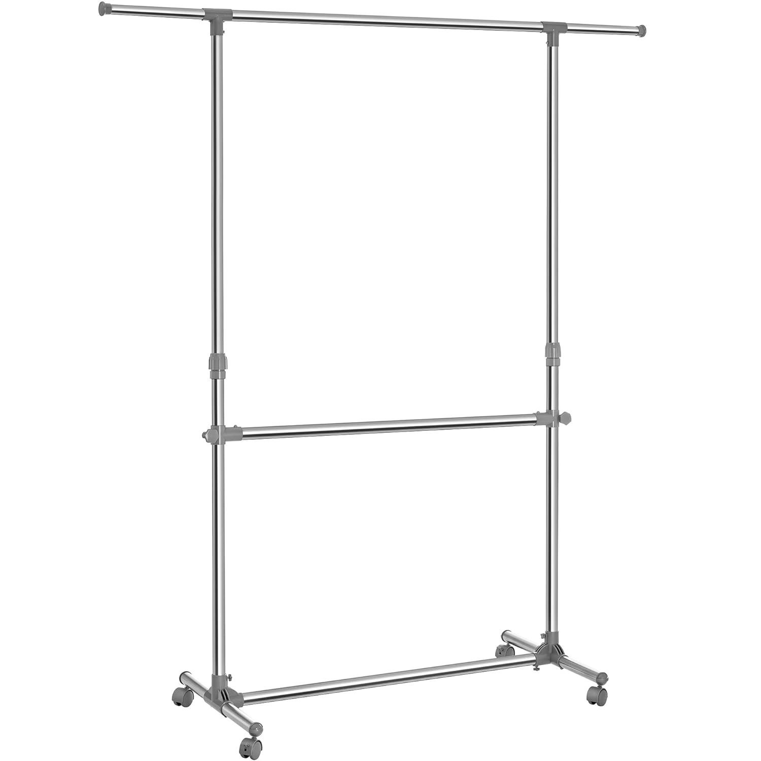 Suport pentru haine cu sina superioara extensibila, pe roti, reglabil in inaltime 113-198cm, argintiu