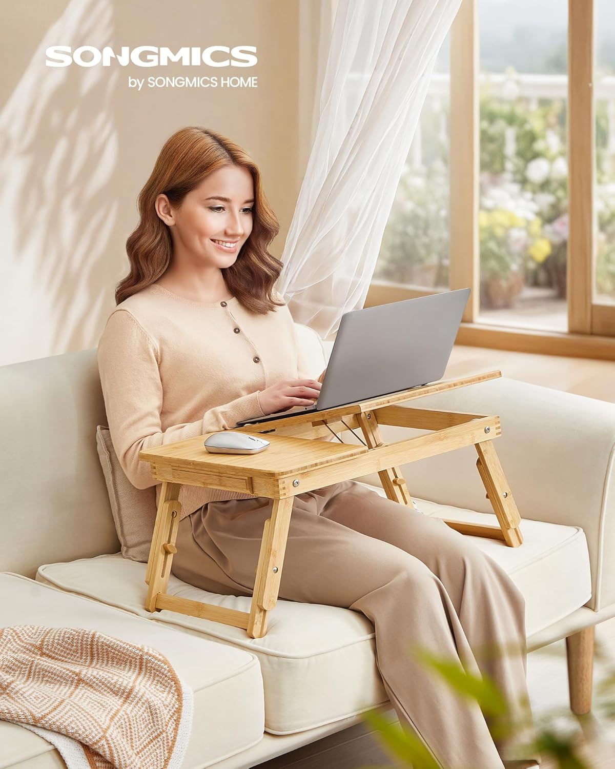 Masuta laptop sau mic dejun, din bambus, reglabila pe inaltime si unghi, cu sertar lateral, 68x35x22-32 cm, natural — imaginea 6