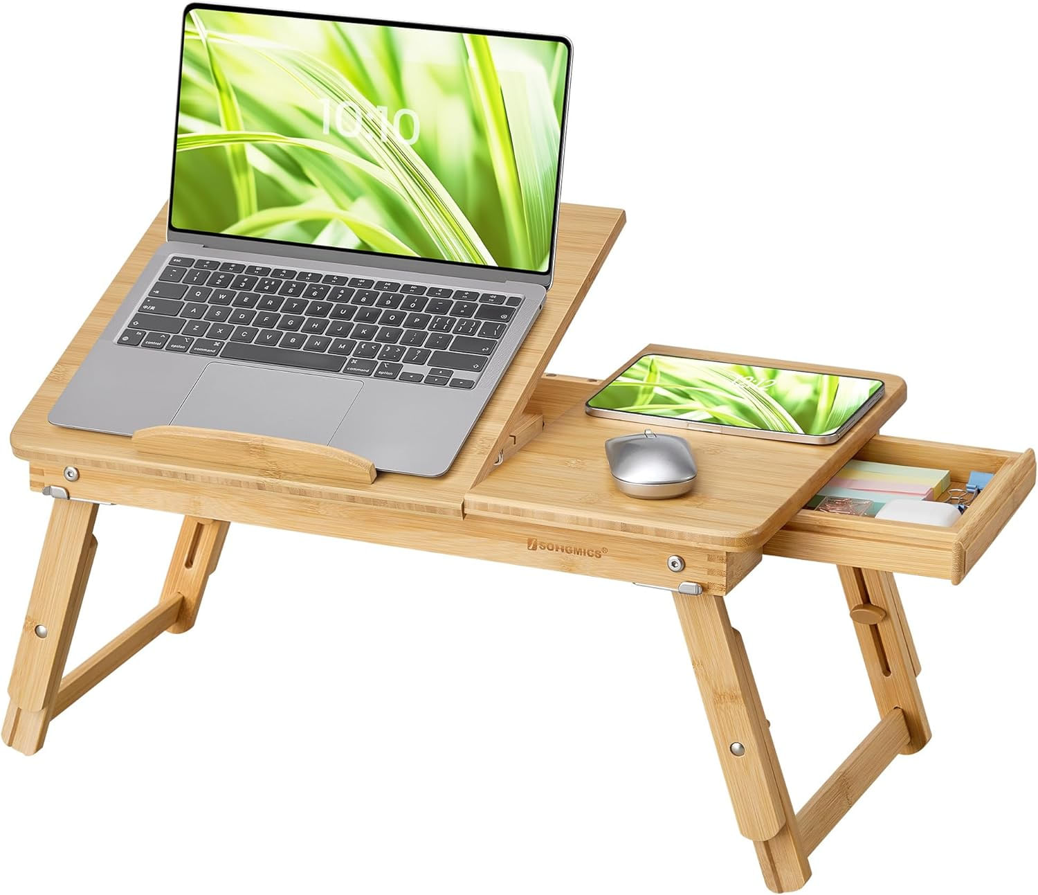 Masuta laptop sau mic dejun, din bambus, reglabila pe inaltime si unghi, cu sertar lateral, 68x35x22-32 cm, natural — imaginea 7