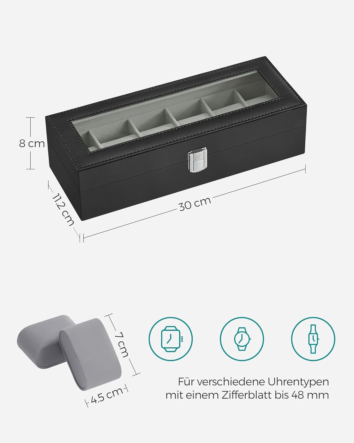 Cutie depozitare si organizare ceasuri, cu 6 locuri, MDF si PU, 11x30x8cm, negru