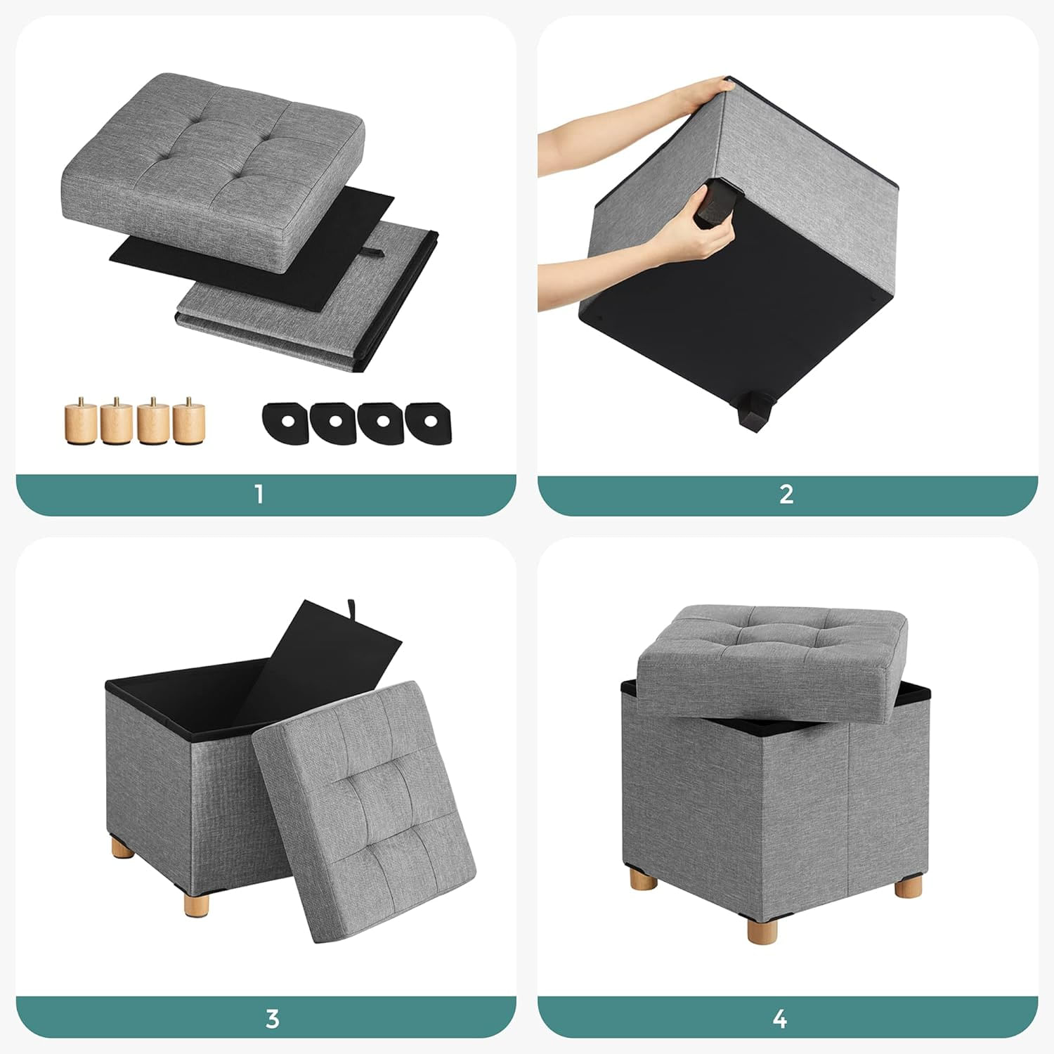 Taburet pliabil cu sezut moale, spatiu de depozitare, maxim 300kg, 38x38x40cm, gri