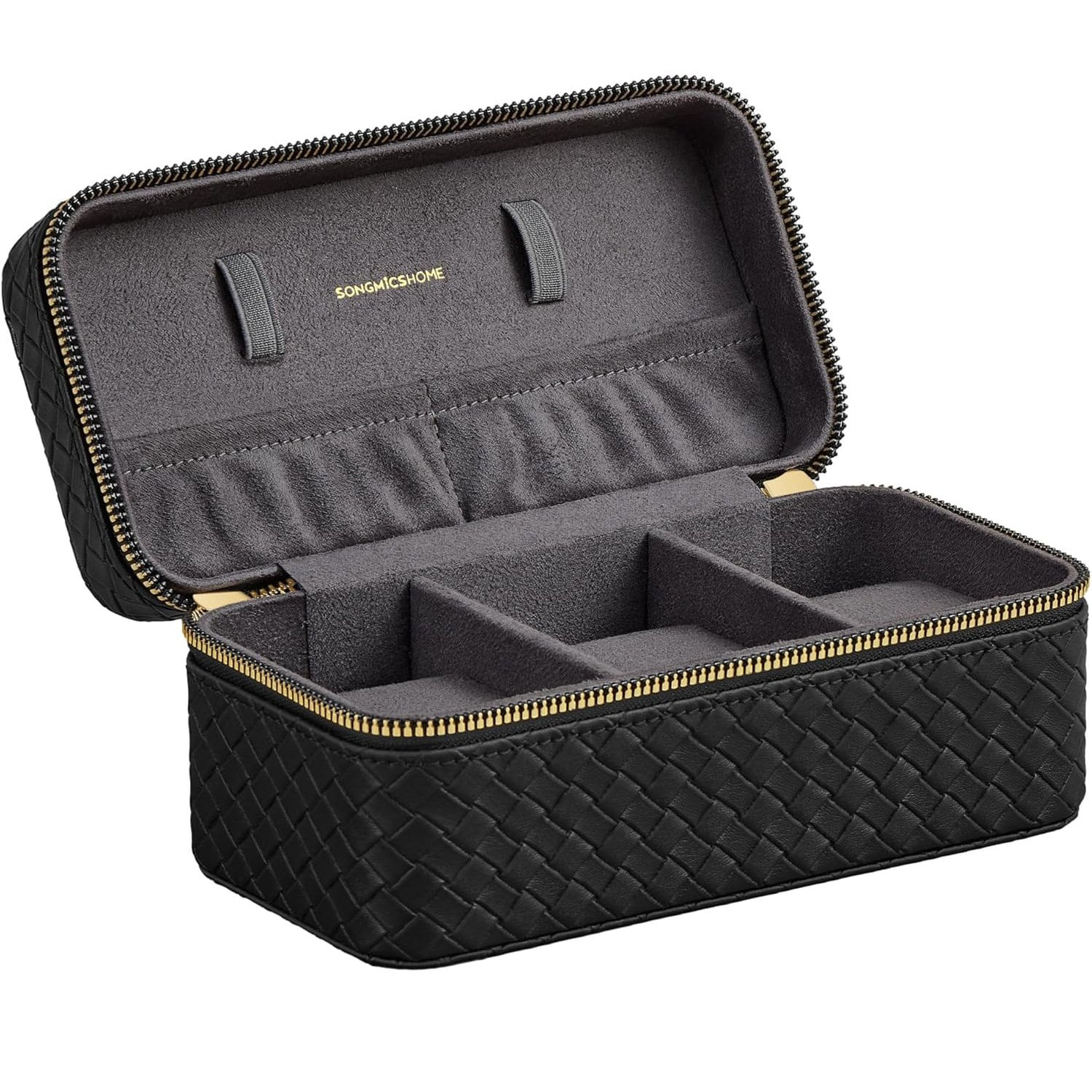 Cutie ceasuri Ronne Collection, pentru 3 ceasuri, piele PU aspect impletit, 10x20x9 cm, negru