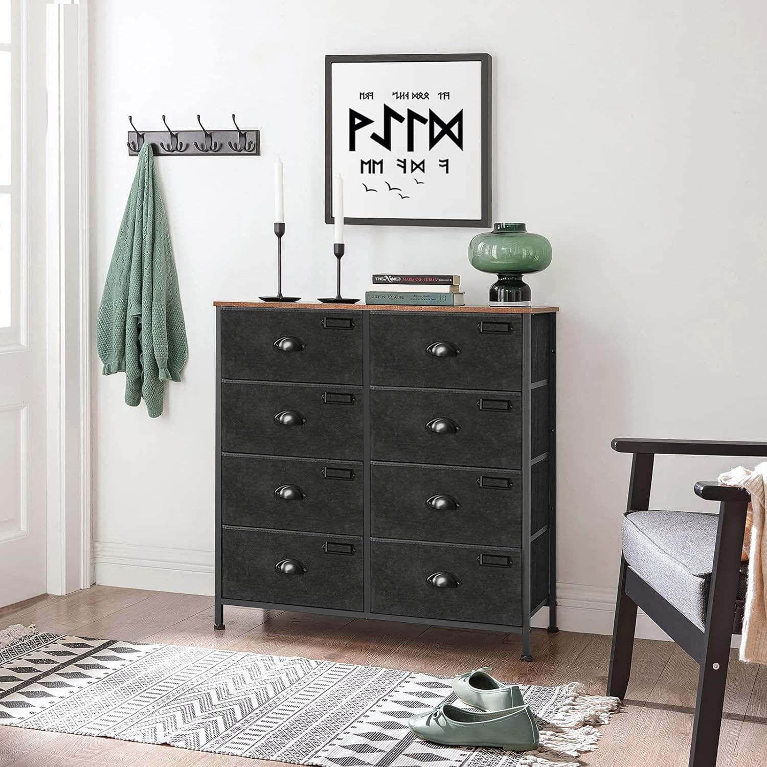 Comoda cu cadru metalic si 8 sertare din textil, stil industrial, 80x30x82cm, maro rustic si negru — imaginea 6