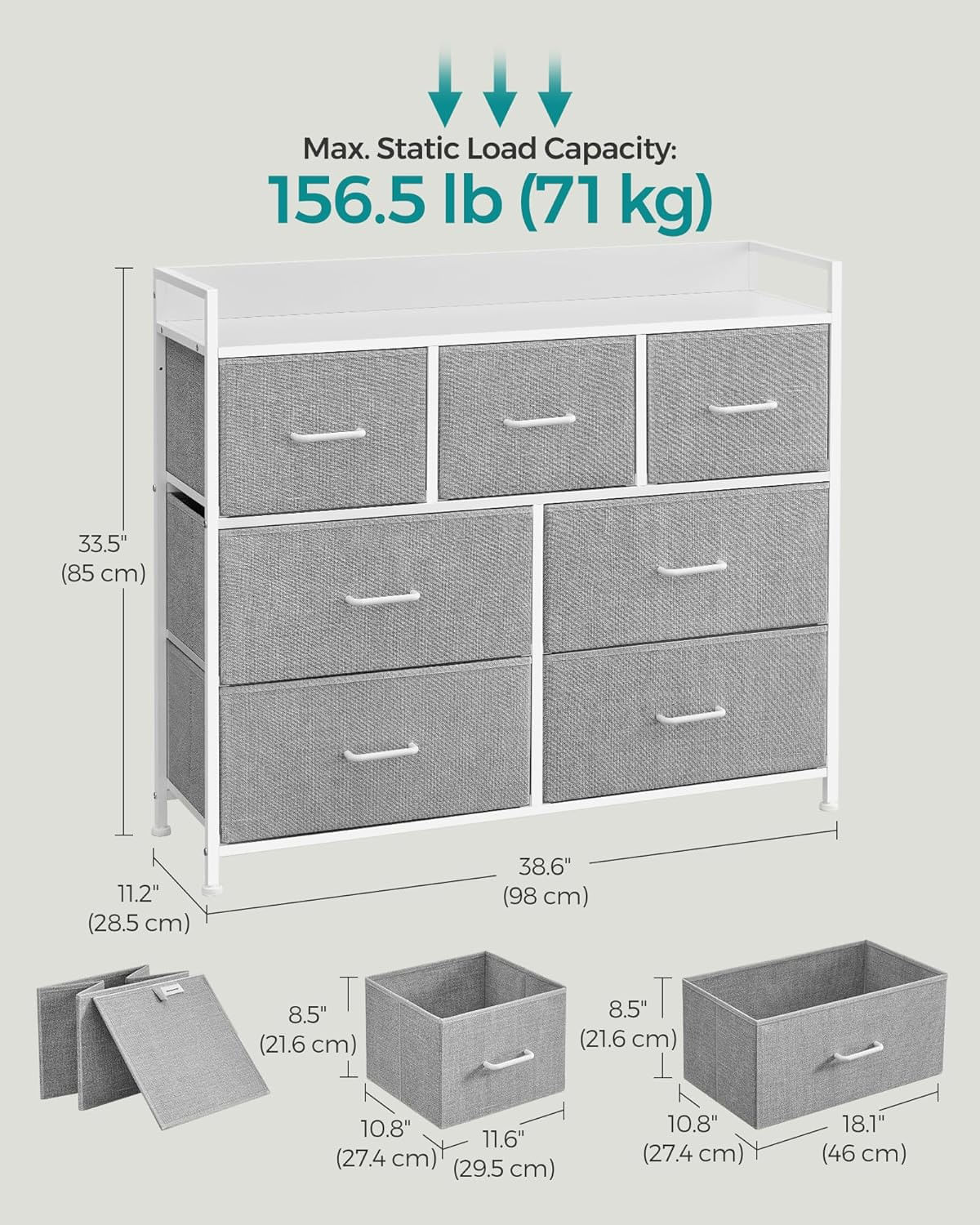Comoda cu cadru metalic si 7 sertare din stofa, 29x98x85 cm , gri si alb — imaginea 4