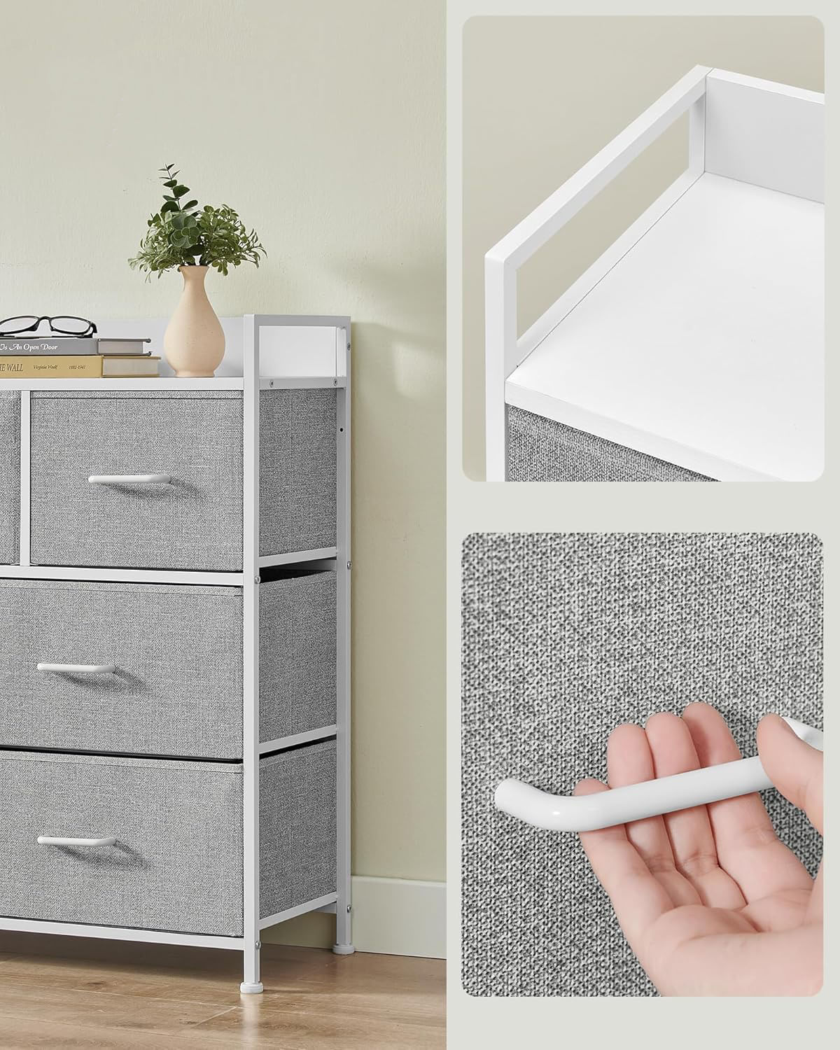 Comoda cu cadru metalic si 7 sertare din stofa, 29x98x85 cm , gri si alb — imaginea 5