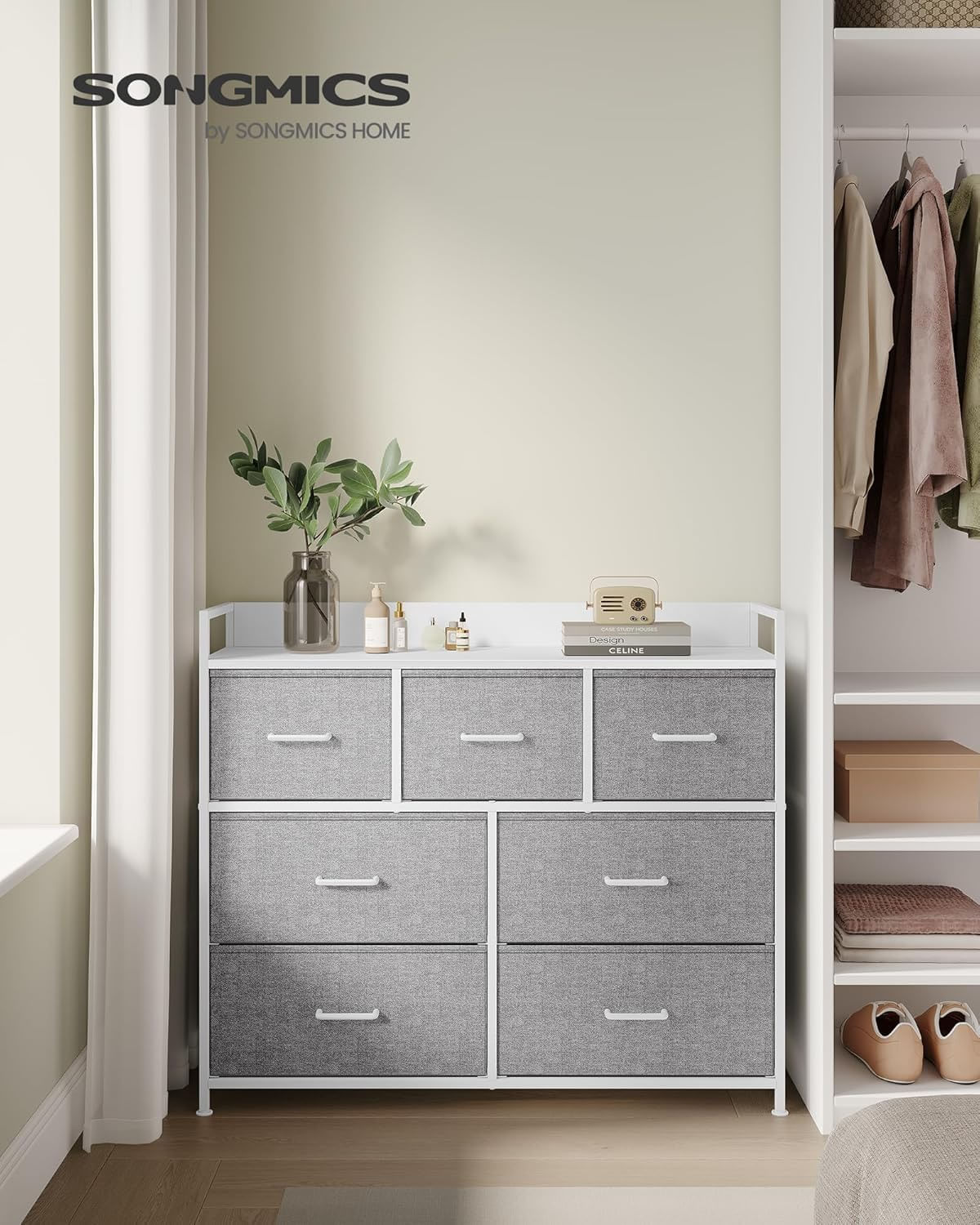 Comoda cu cadru metalic si 7 sertare din stofa, 29x98x85 cm , gri si alb — imaginea 6
